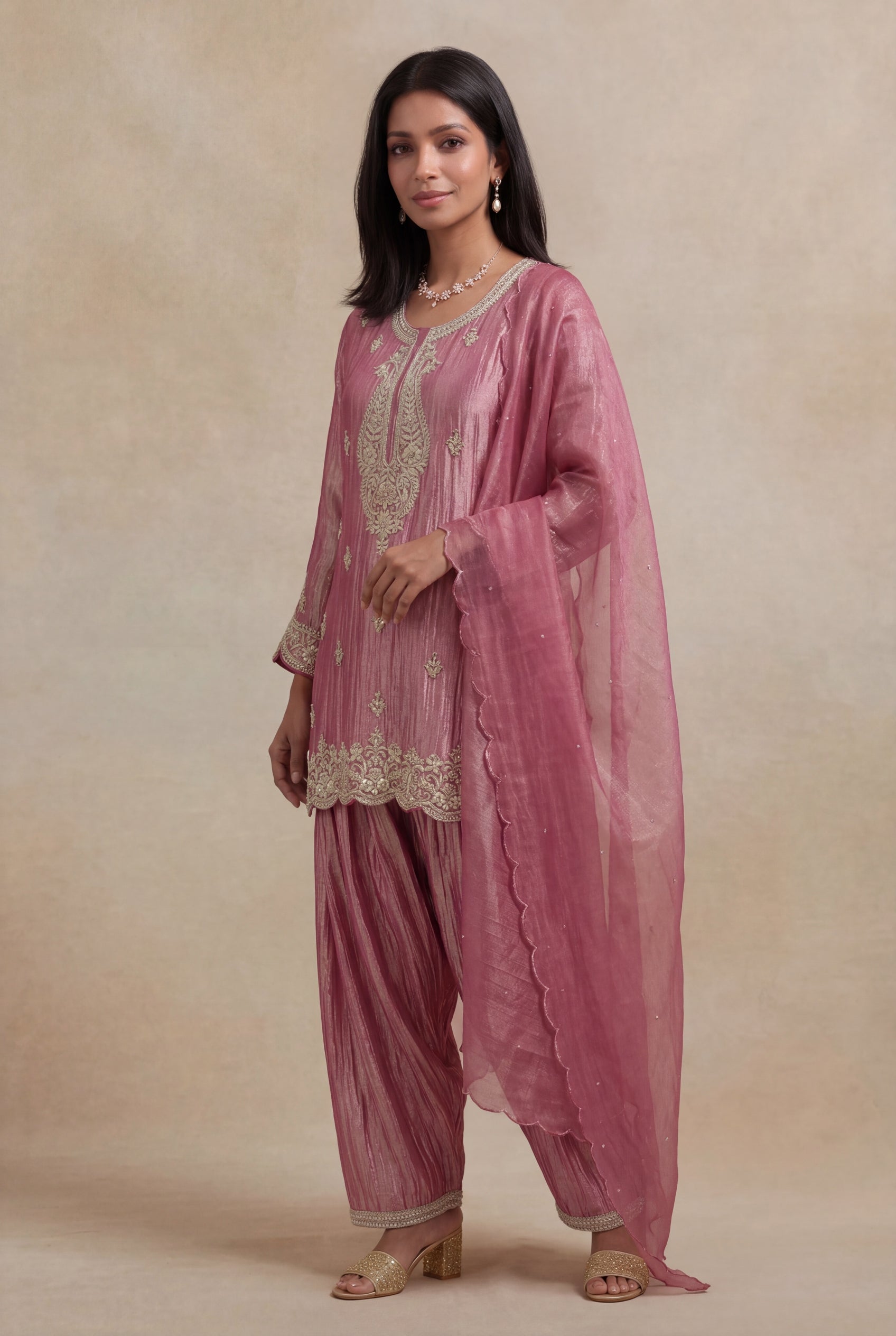 Rose Pink Tissue Salwar Set with Zardosi Work