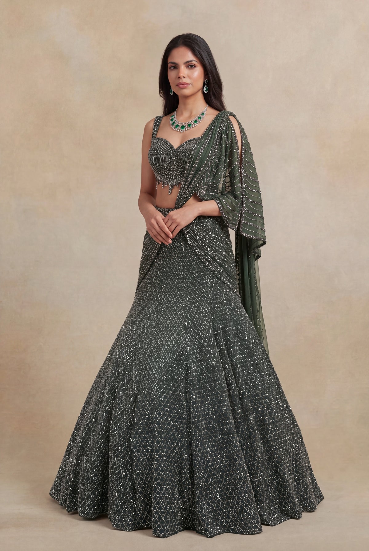 Mehandi Green Net Lehenga