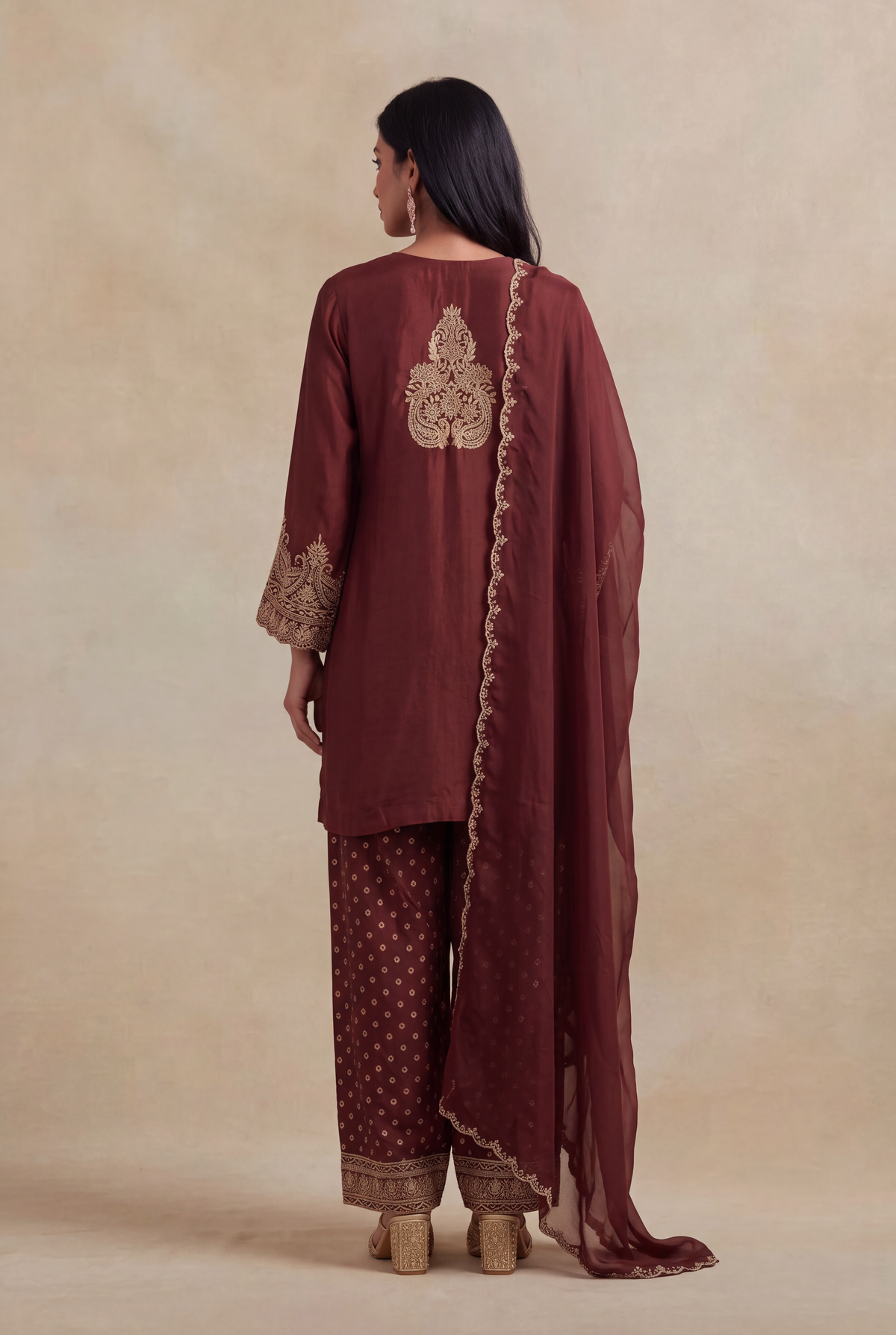 Brown Raw Silk Zardosi Indo-Western Set