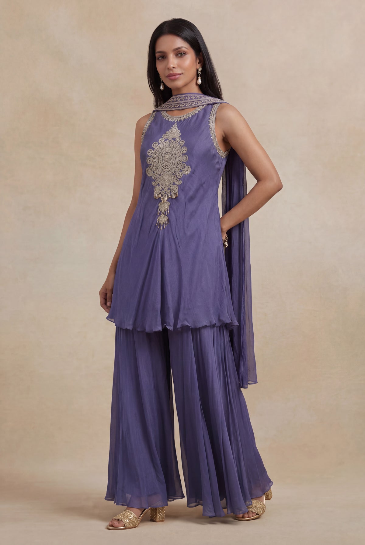 Slate Violet Chinon Katdana & Sequin Indo Western Set