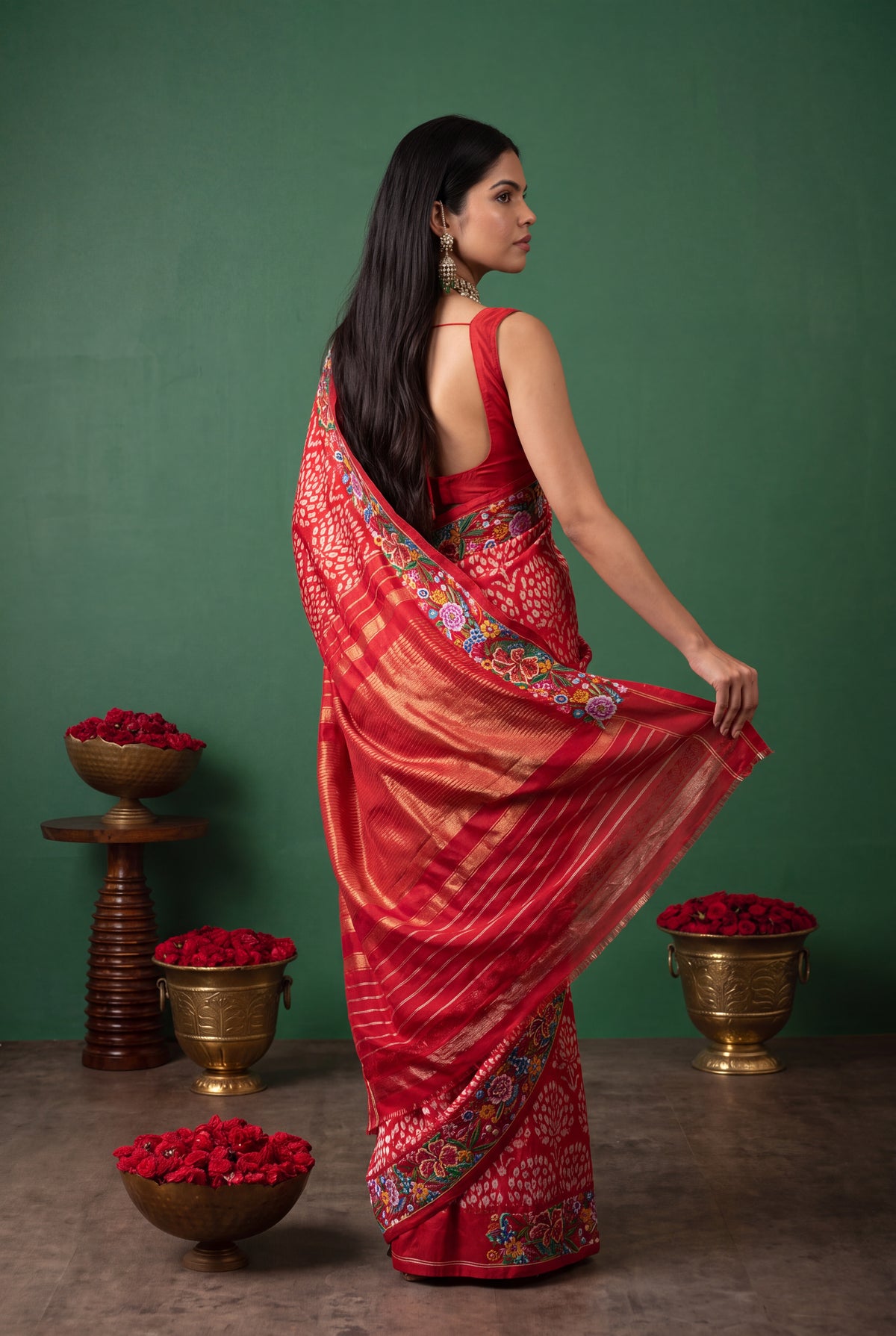 Red Ikat Silk Saree with Petit Point Border