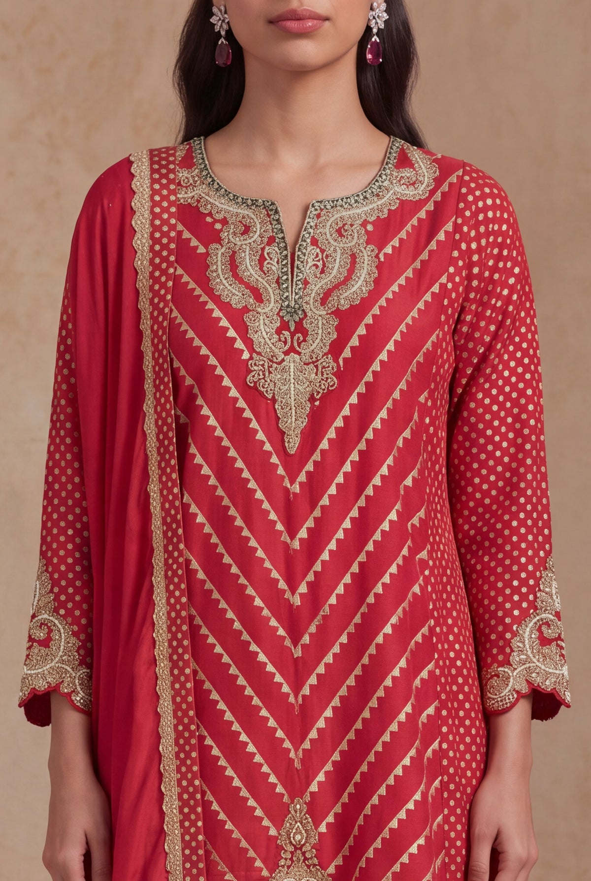 Cherry Red Banarasi Silk Indo Western Set with Zari and Pearl Work