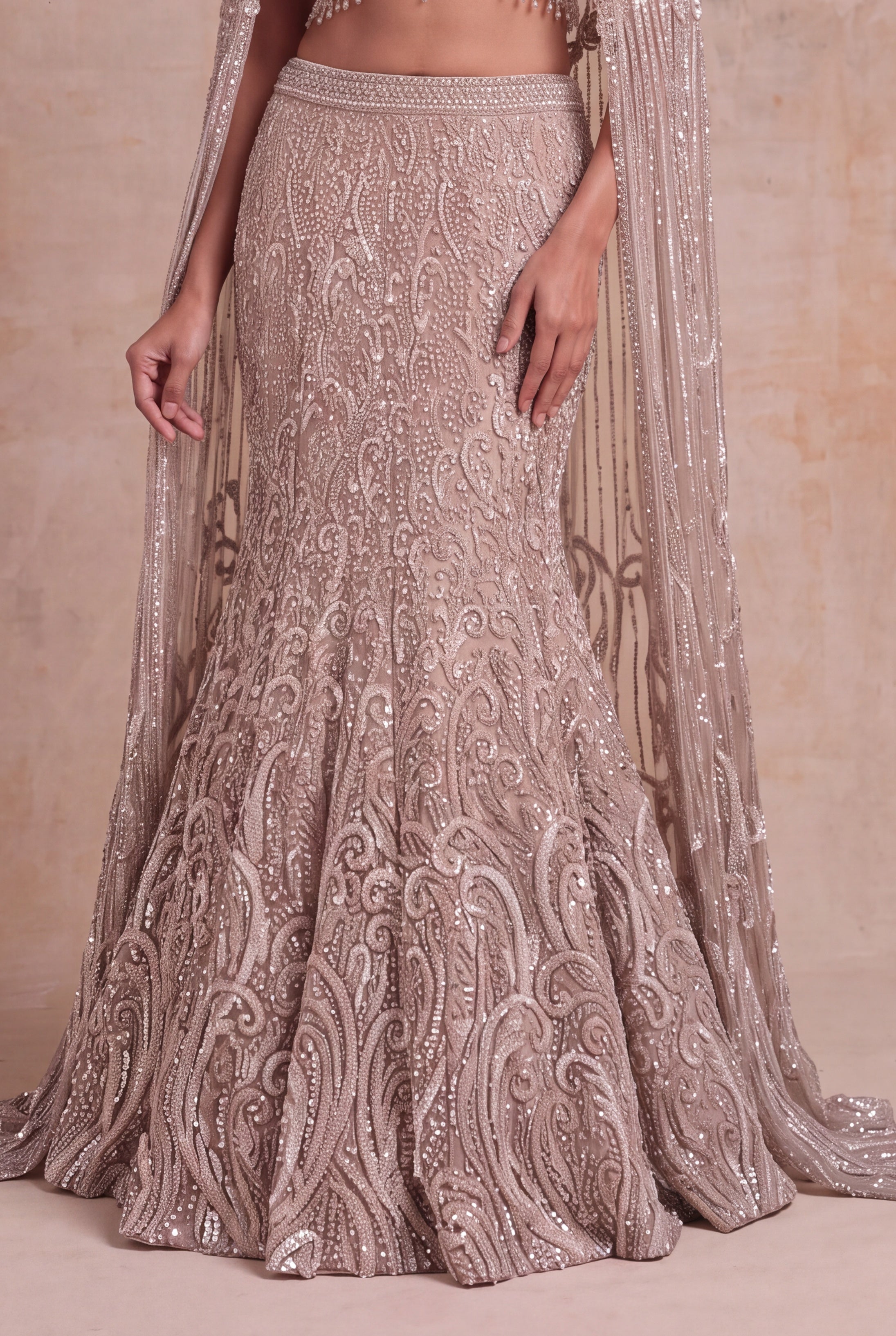 Taupe Net Fish-Cut Lehenga