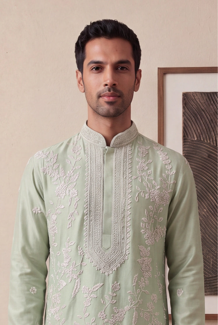 Sage Green Raw Silk Kurta Pant Set