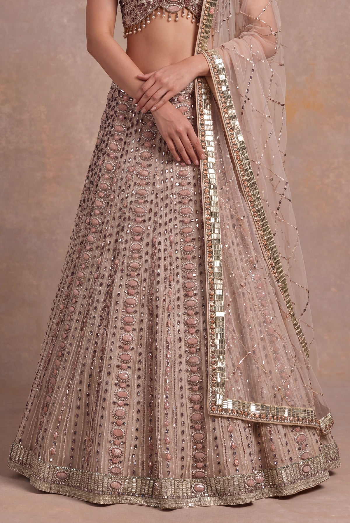 Light Peach Silk Lehenga Set with Stone and Pearl Embroidery