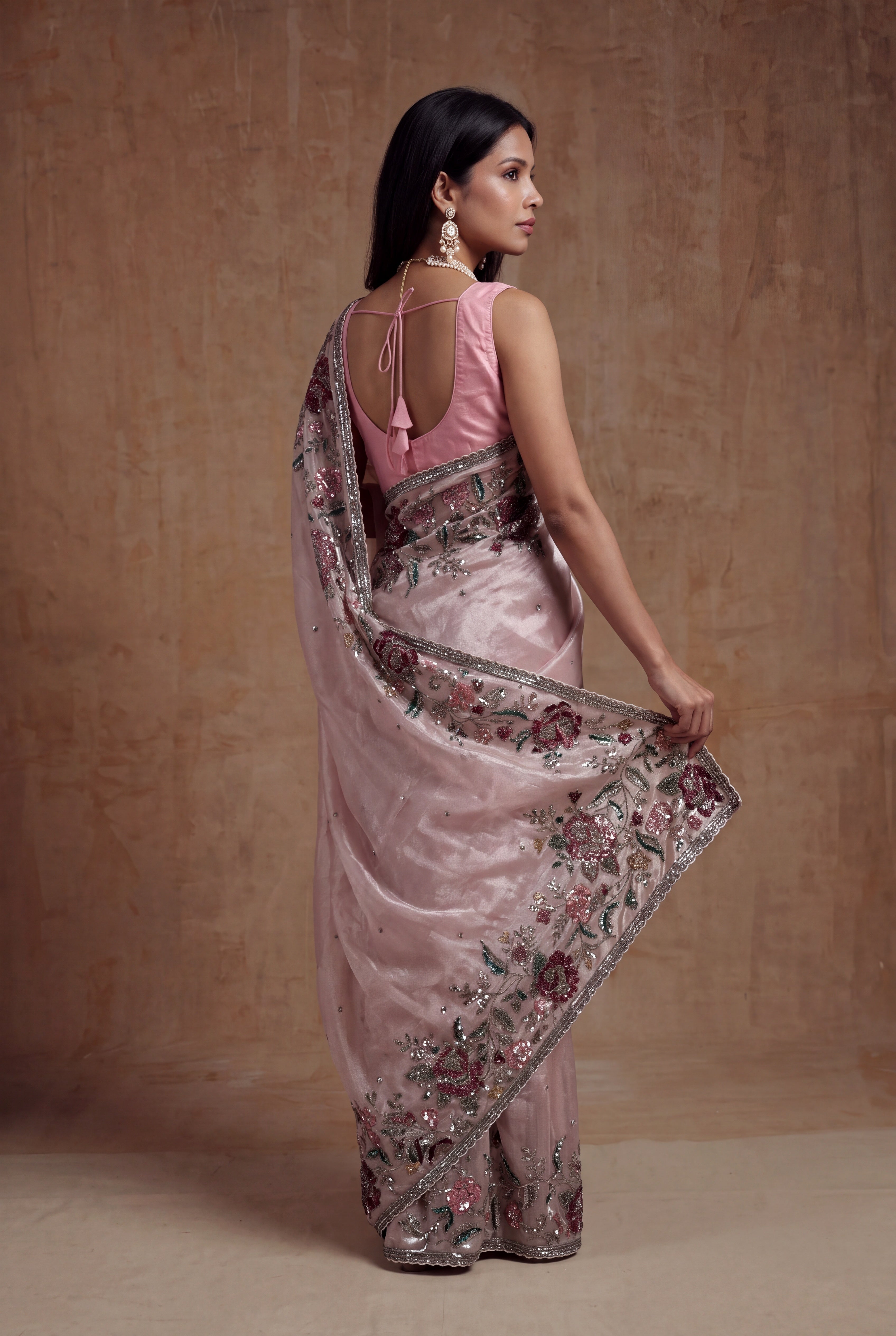 Blush Pink Tissue Organza Floral Sequin Saree