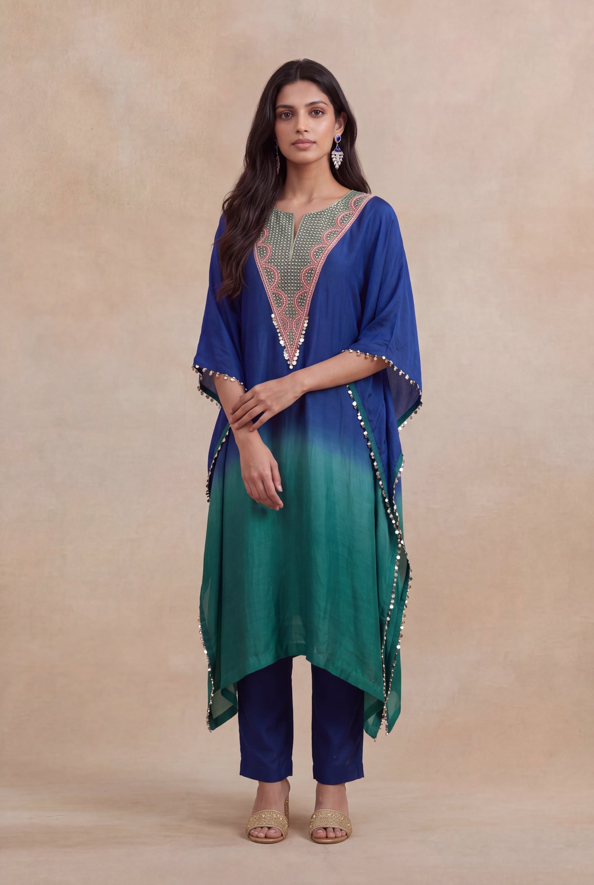 Blue & Emerald Raw Silk Embellished Kaftan Set
