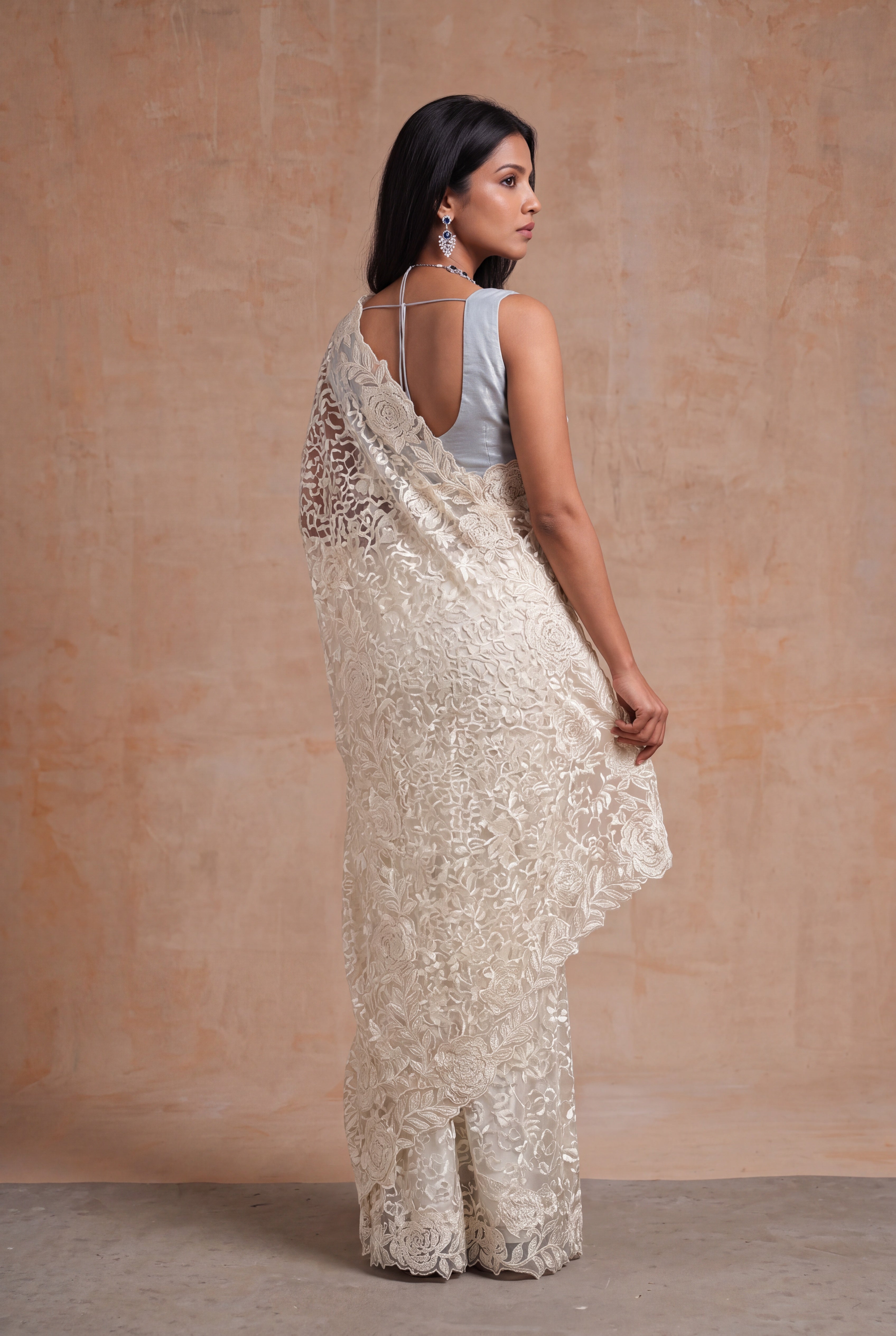 Off-White Lace Saree with Appliqué Work
