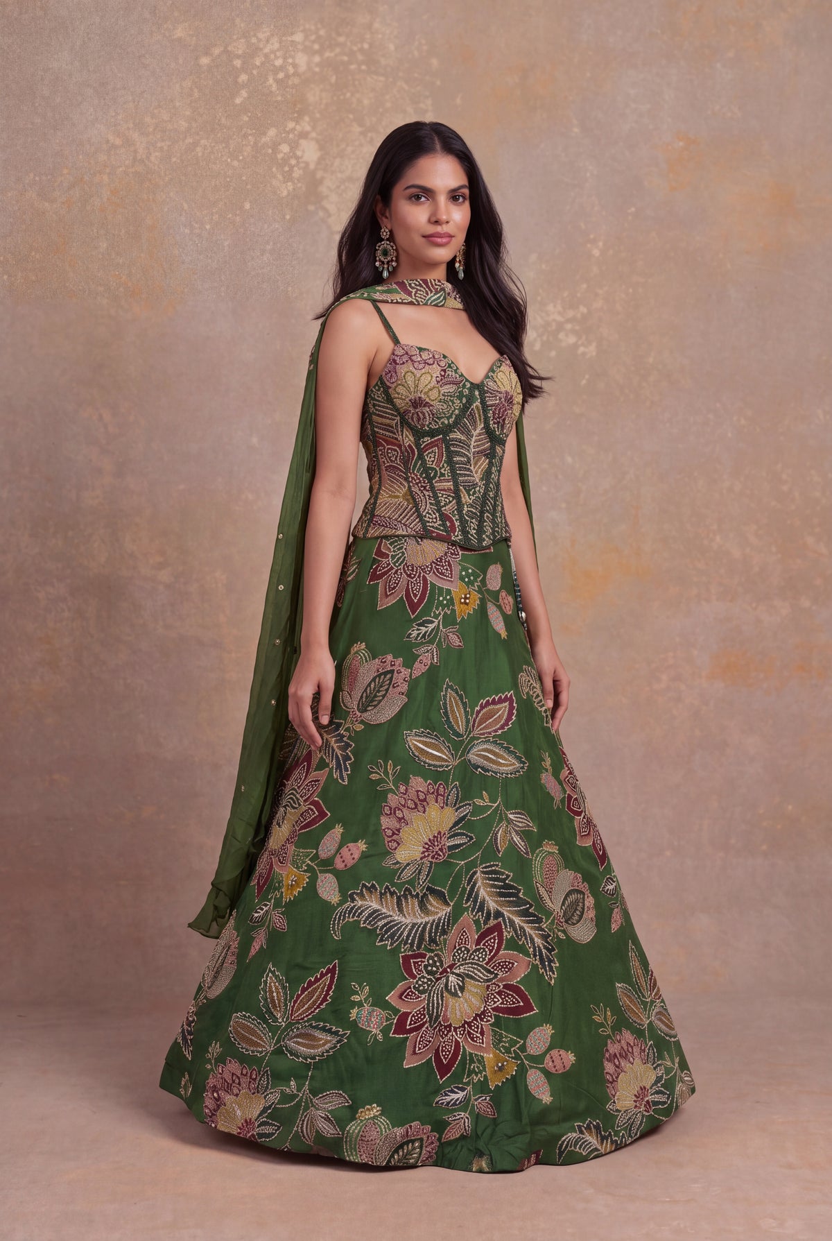 Forest Green Organza Floral Embroidered Corset Lehenga