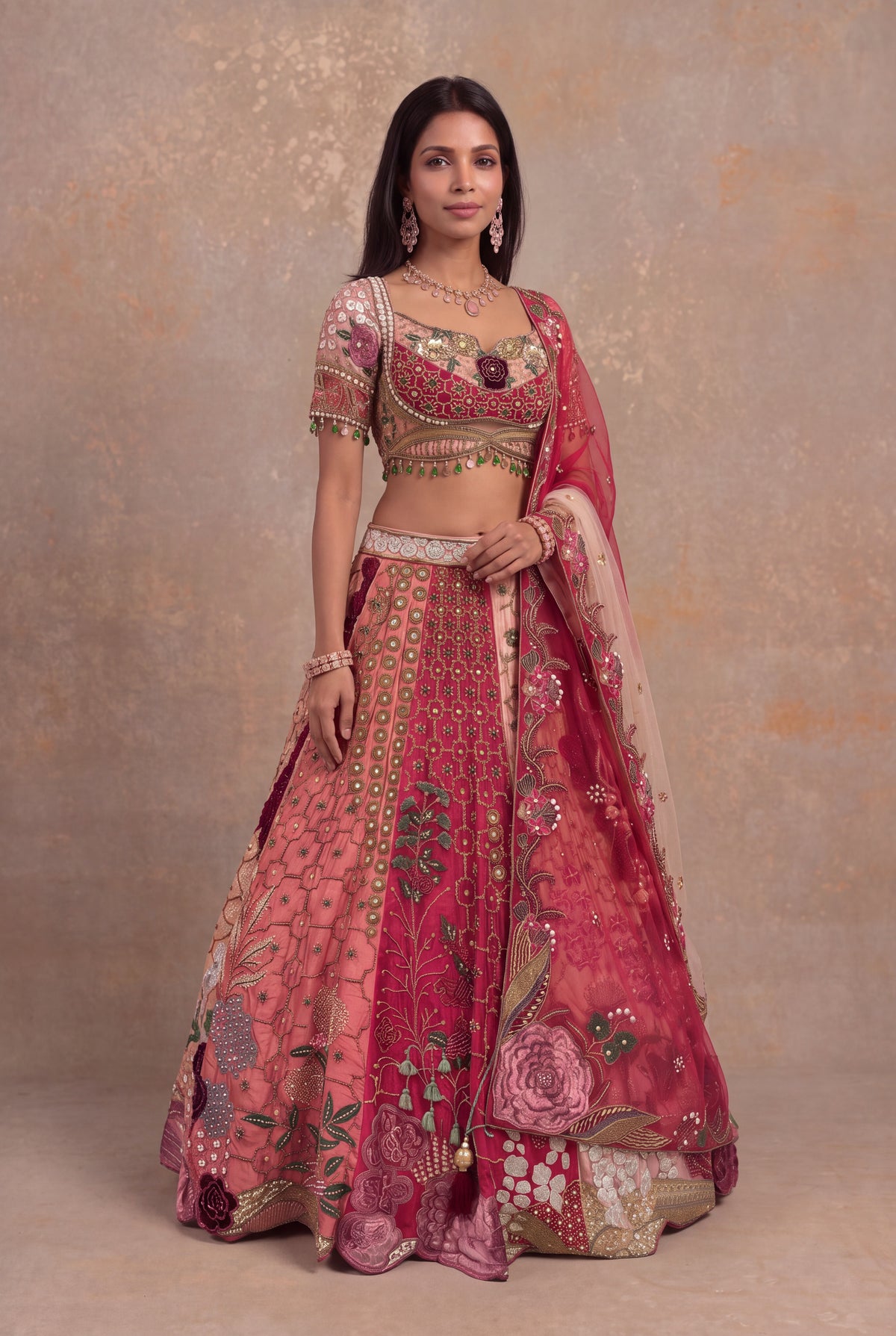 Multicolour Pink Raw Silk Embroidered Lehenga
