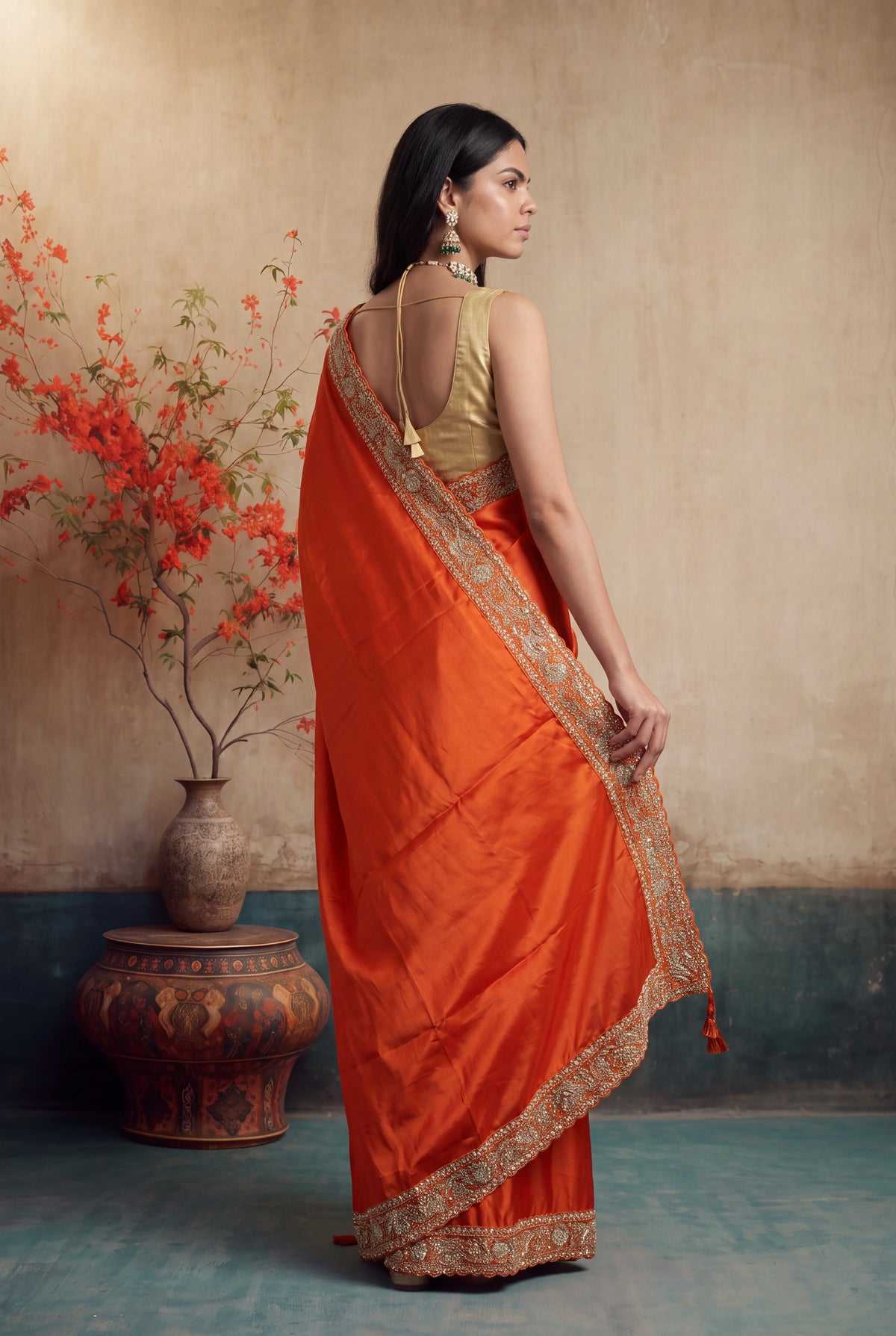 Orange Satin Silk Saree