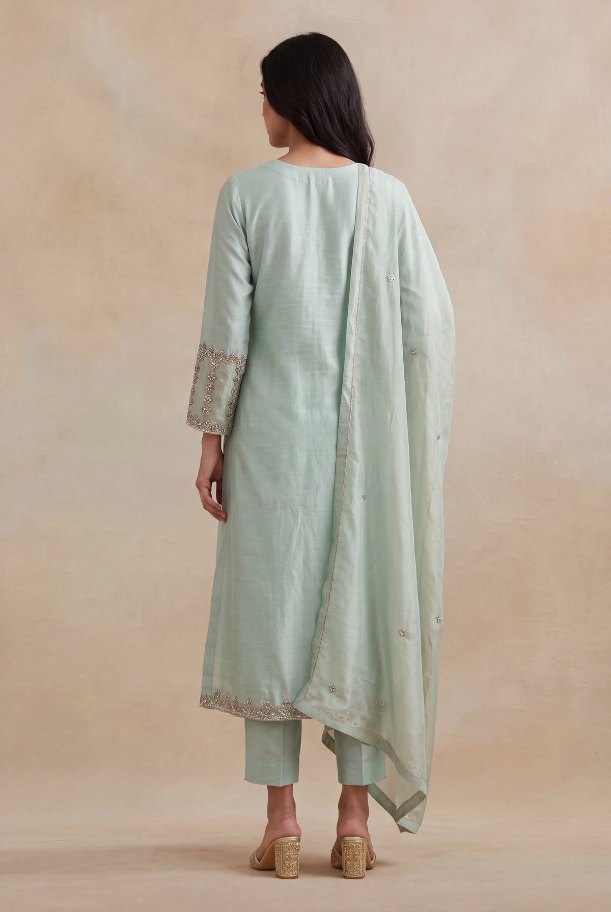 Mint Green Raw Silk A-Line Suit with Zardosi Work - Mokshaa