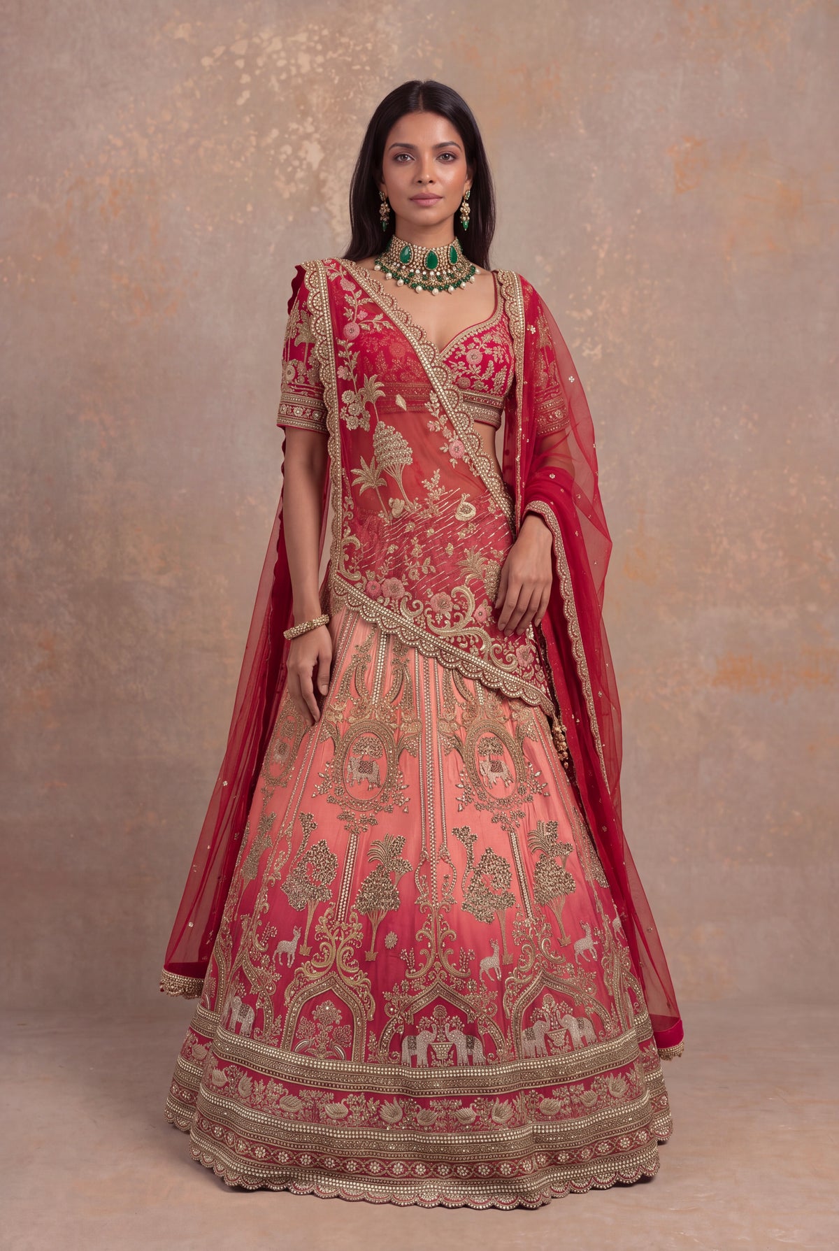 Red & Peach Silk Bridal Lehenga