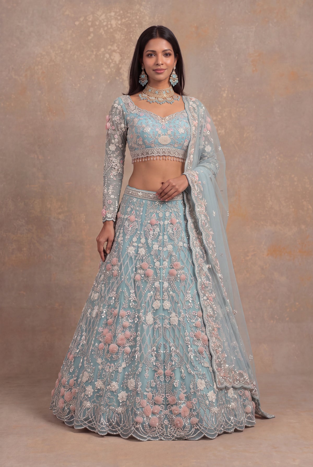 Sea Blue Net Lehenga Set with Sequin and Floral Applique Work