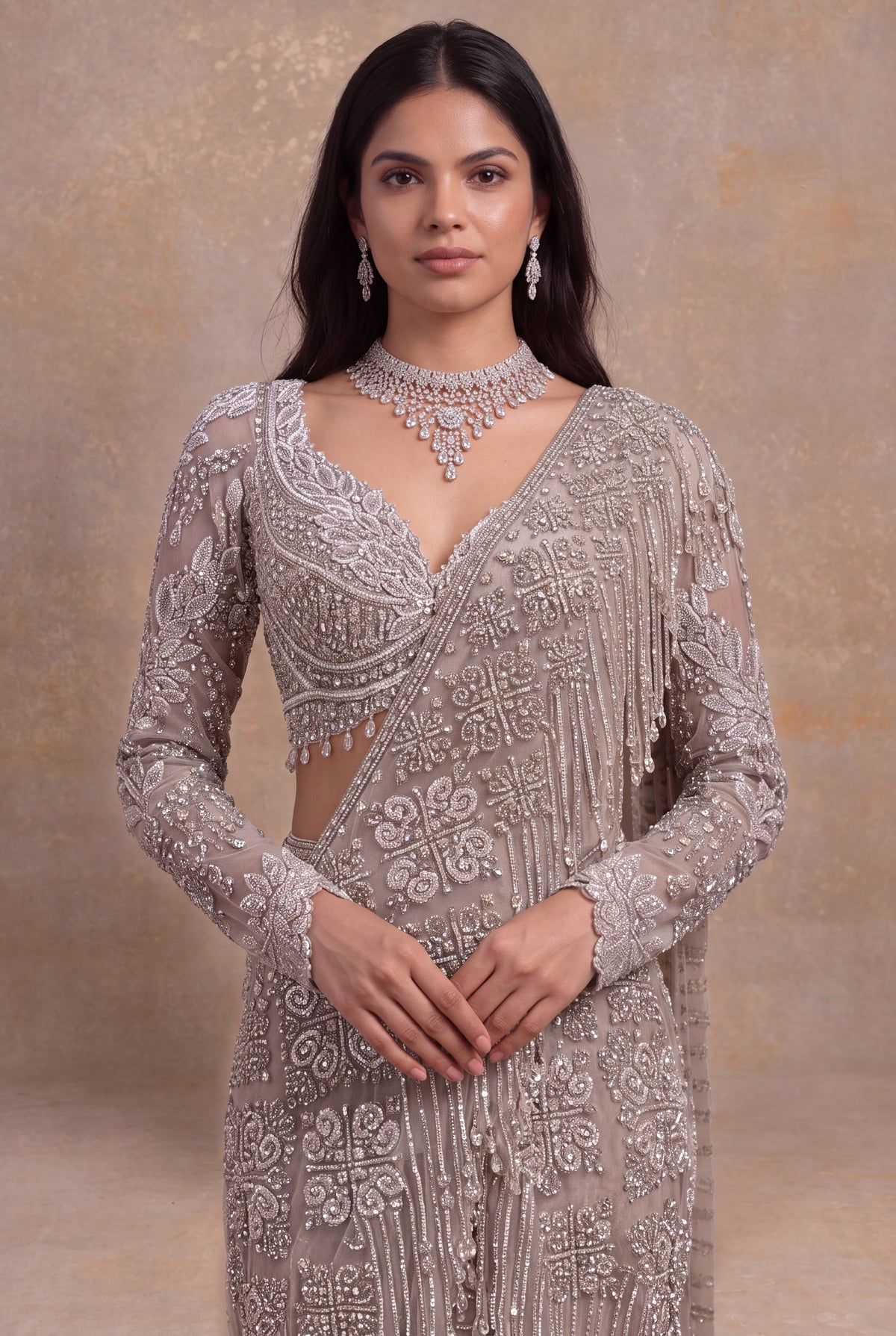 Rose Gold Embellished Net Pre-Draped Saree
