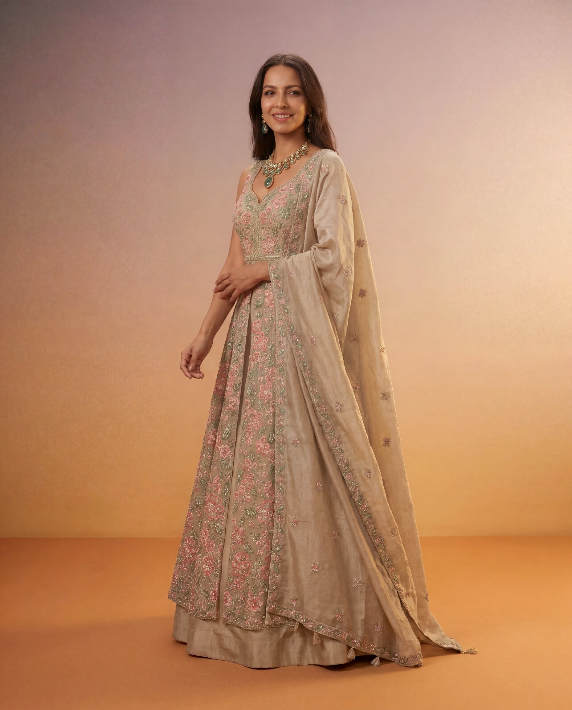 Champagne Beige Tissue Silk Indo-Western Lehenga