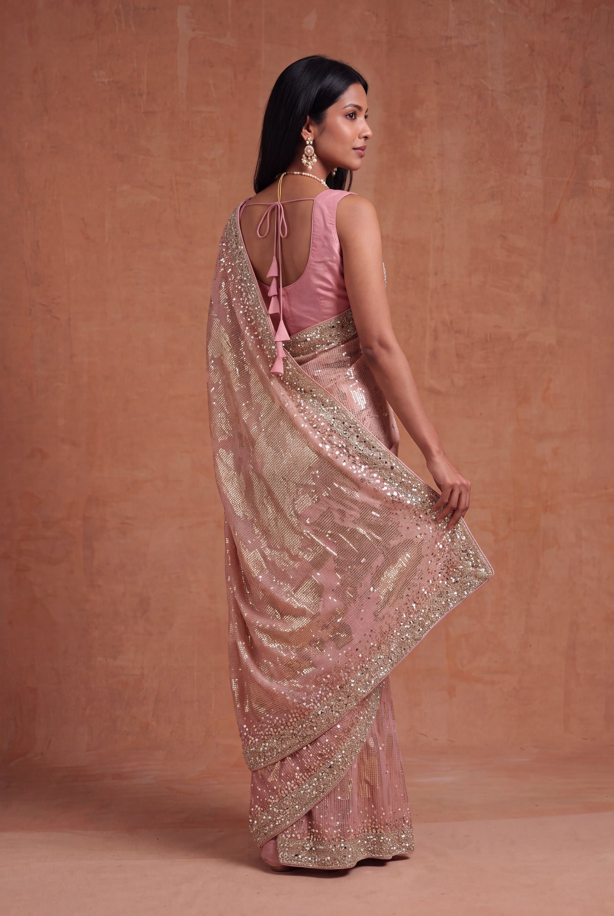 Peach Georgette Saree with Sequin & Mirror Work
