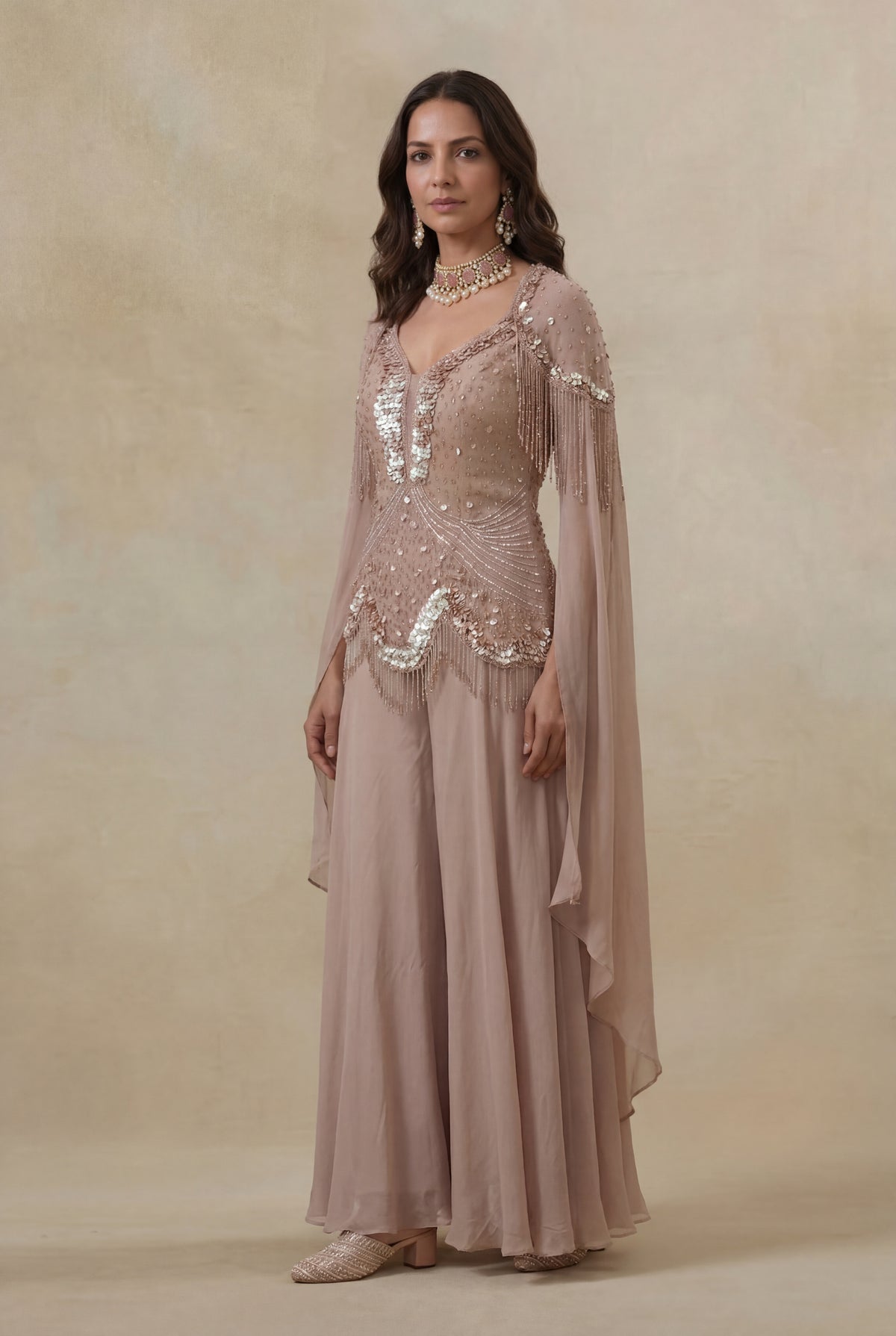 Dusty Mauve Georgette Sequin & Katdana Indo Western Set