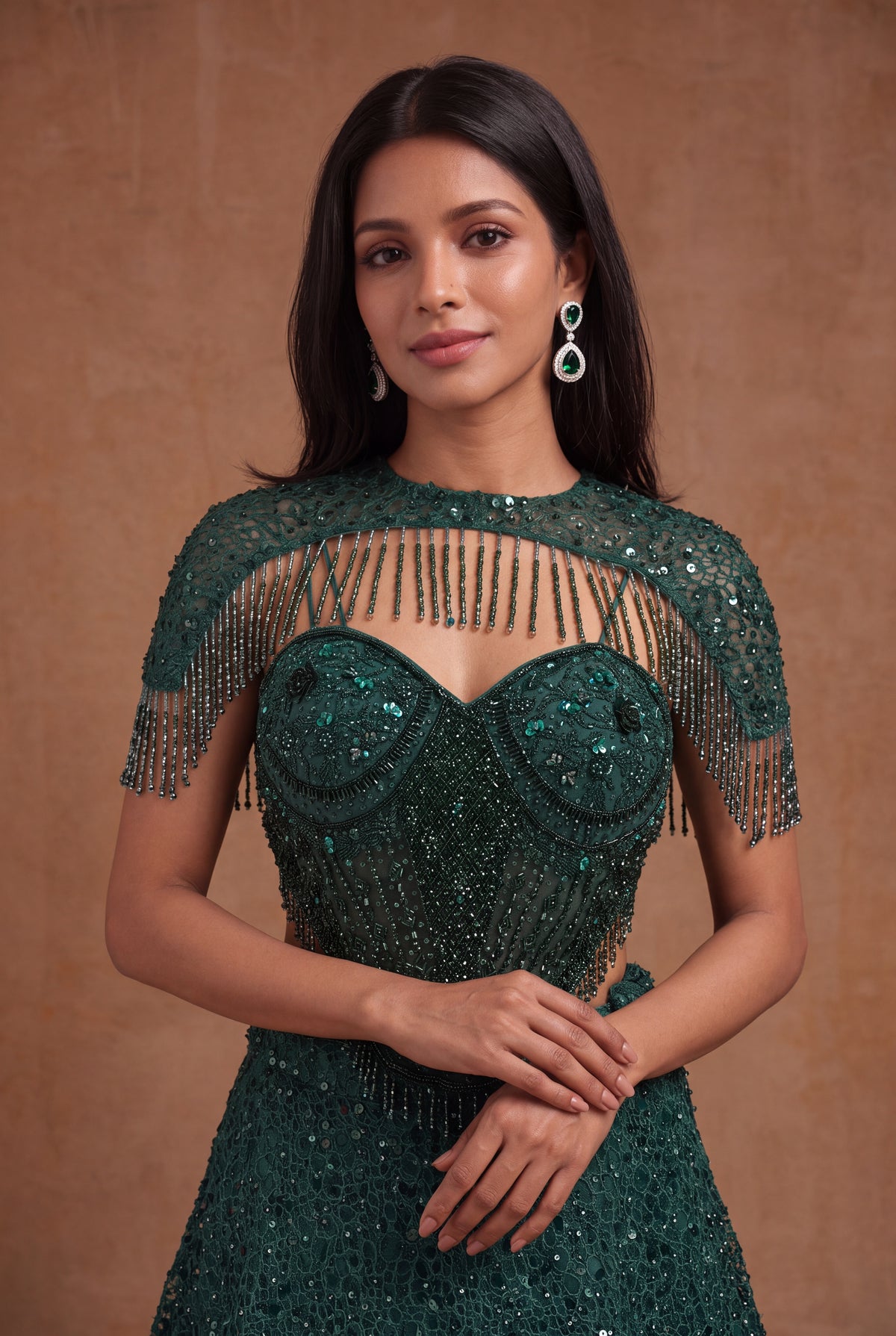 Emerald Green Indo-Western Net Lehenga