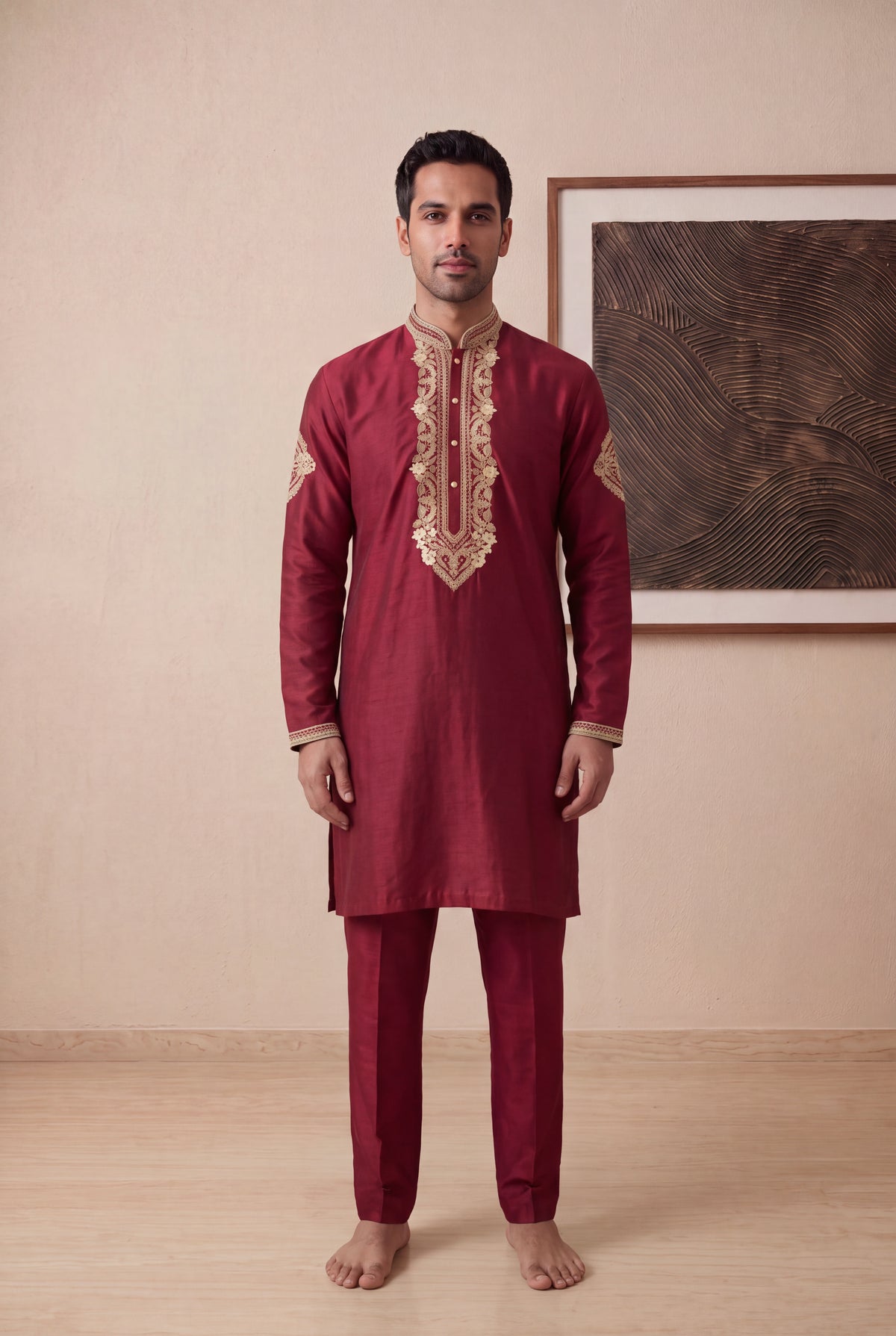 Red Raw Silk Kurta Pant Set