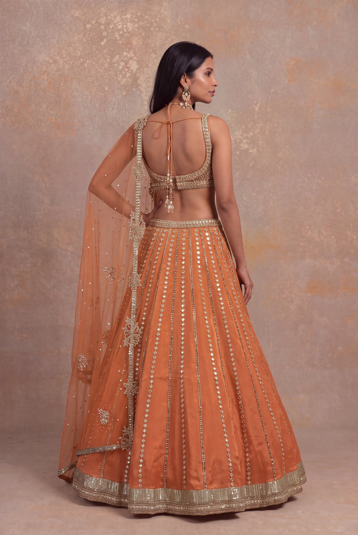 Gold Orange Tissue Lehenga Set with Sequin and Stone Work