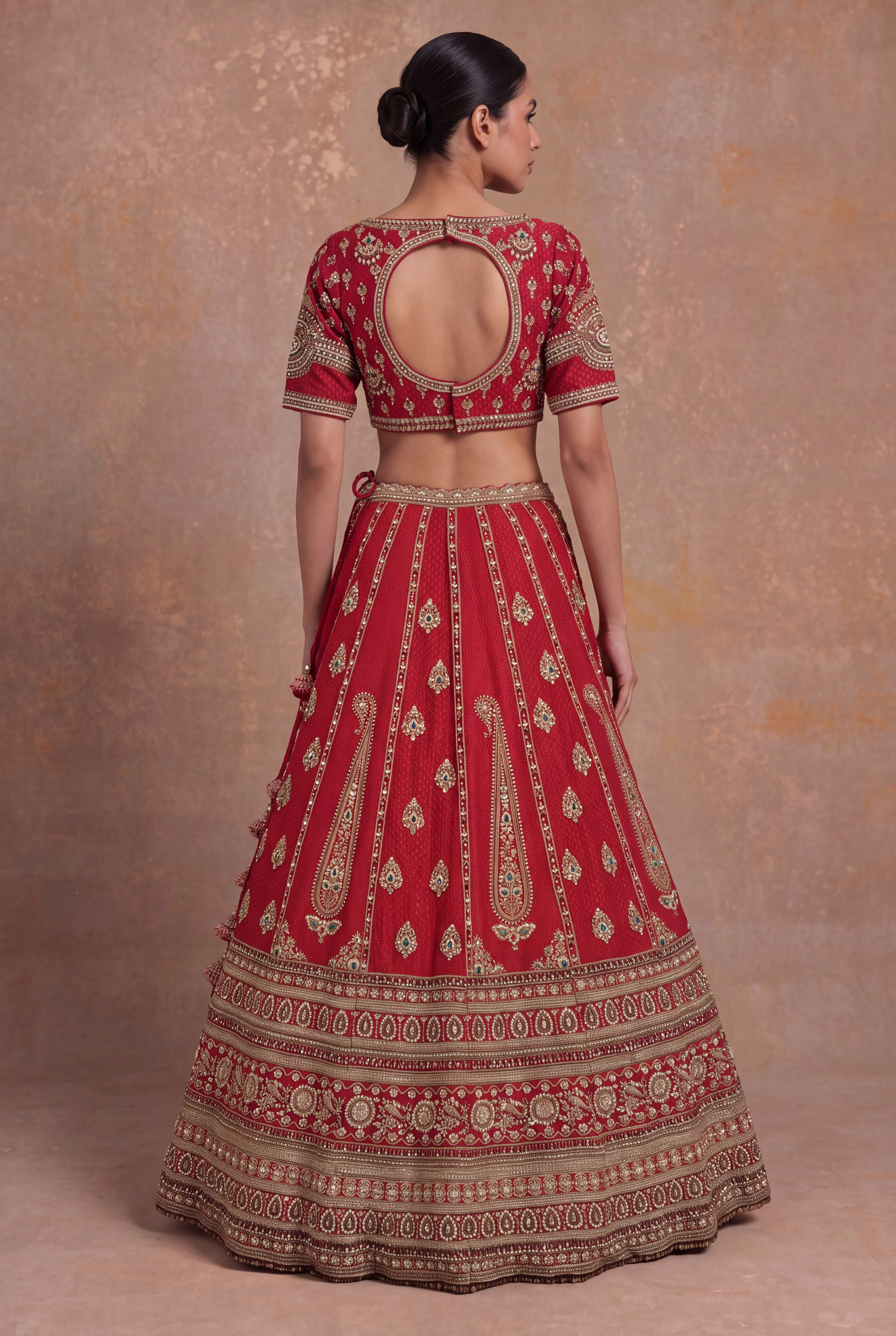 Red Silk Bridal Lehenga with Multicolour Stone & Zardozi Border