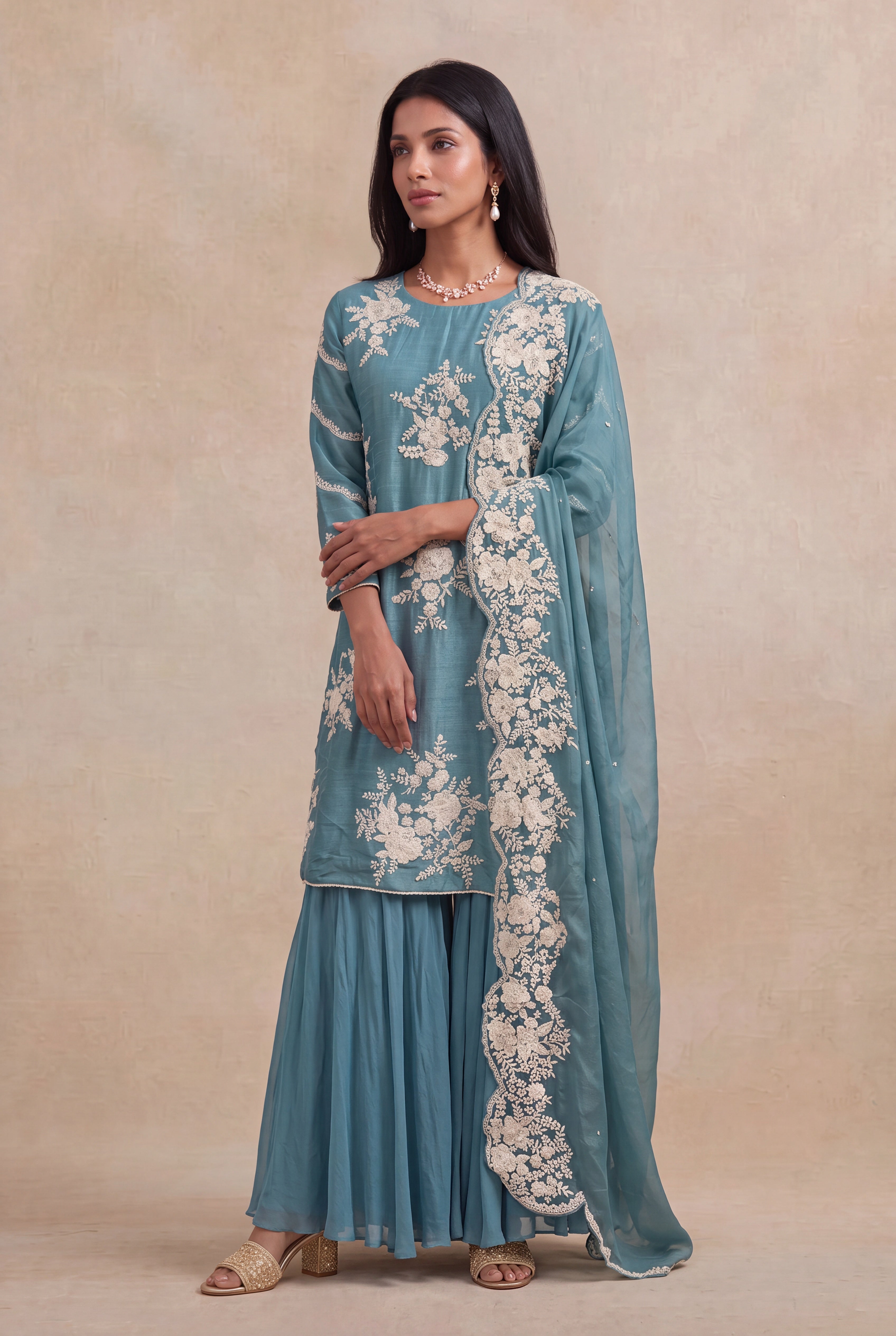 Teal Blue Raw Silk Sharara Set with Pearl Embroidery