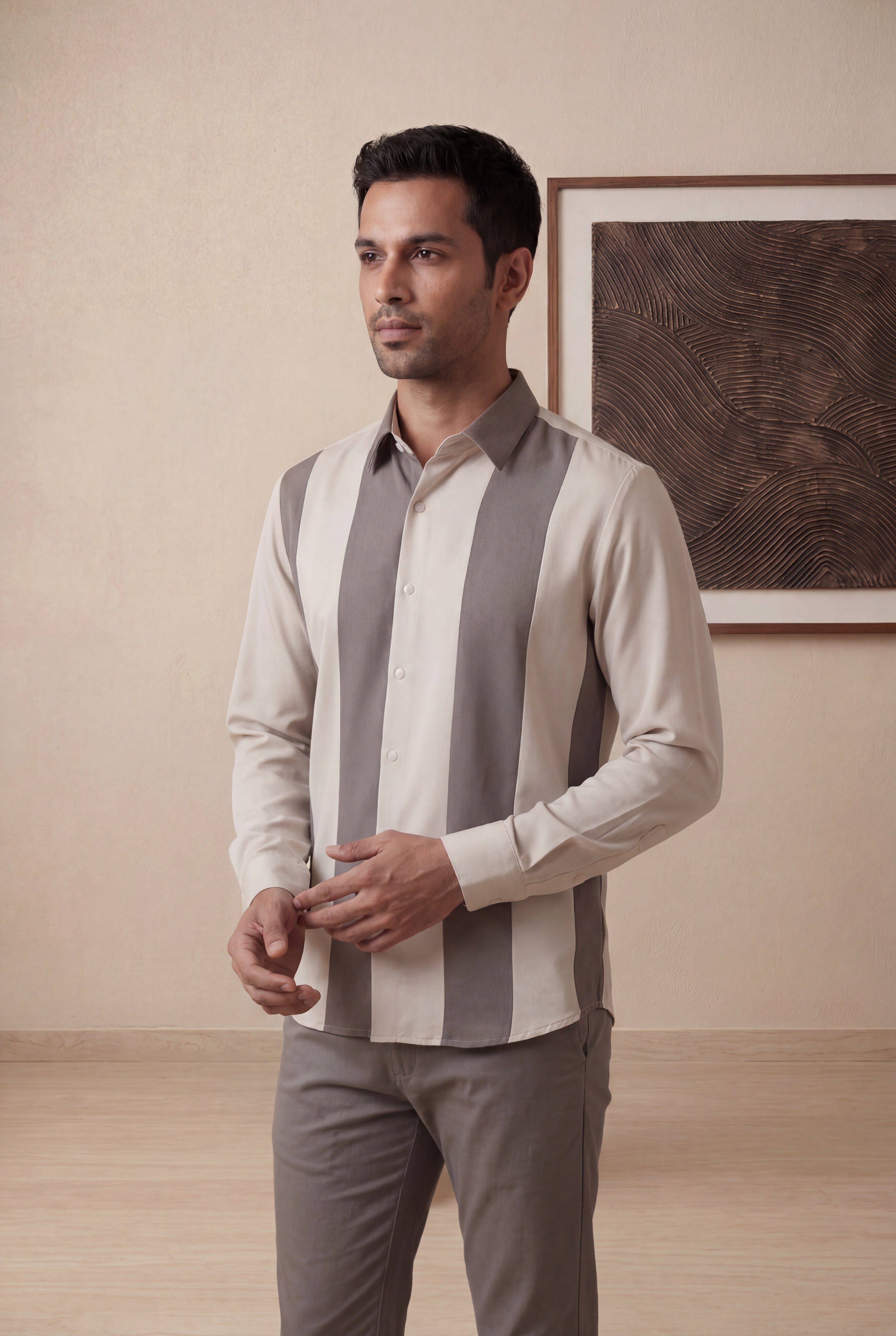 Cream Bomario Full Sleeve Colour Block Shirt