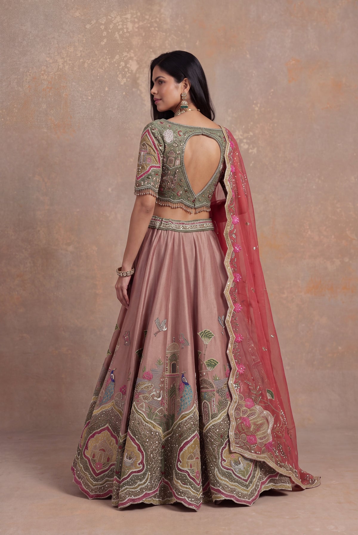 Dusty Rose Tissue Lehenga Set with Velvet Applique