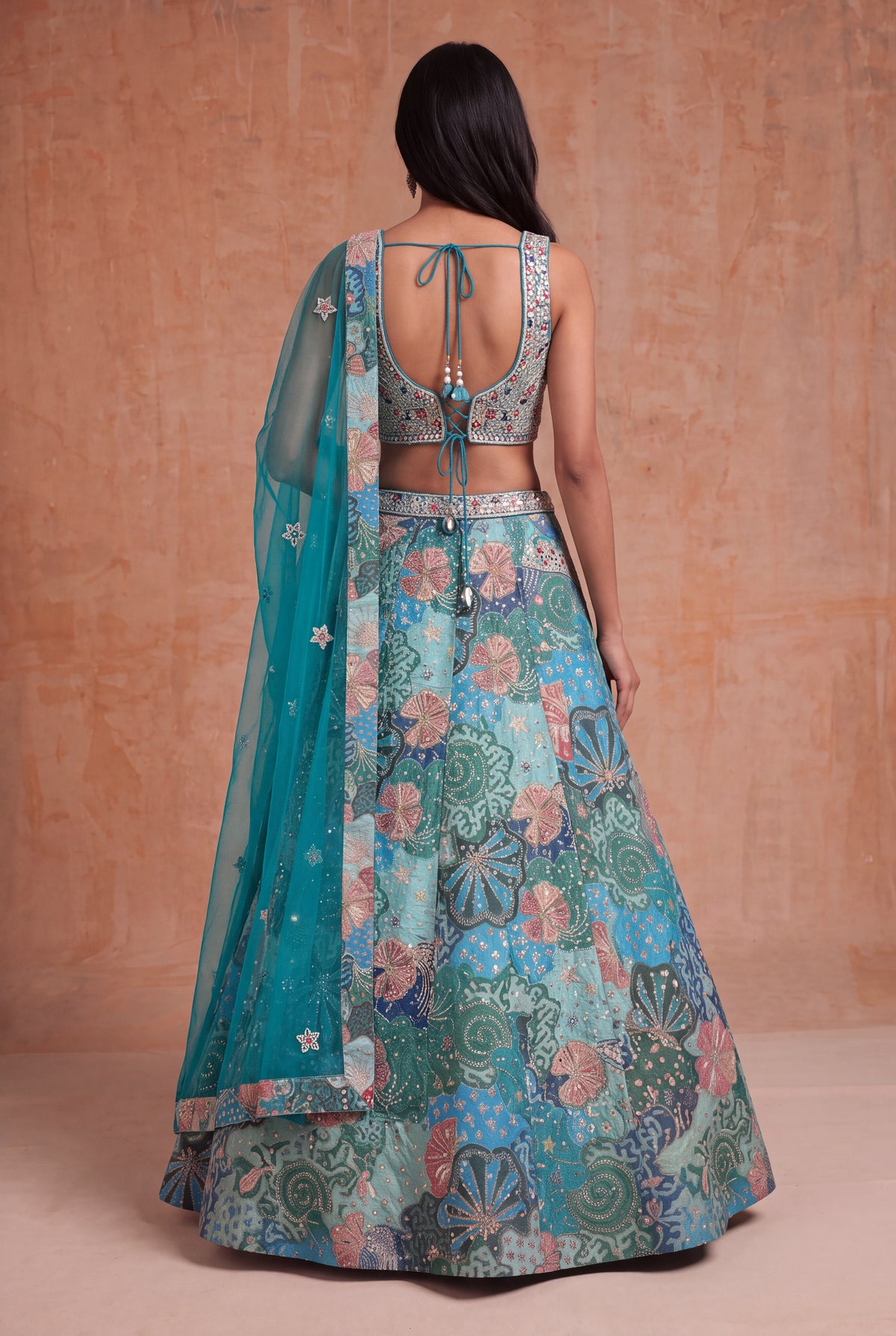 Teal Tissue Silk Floral Lehenga