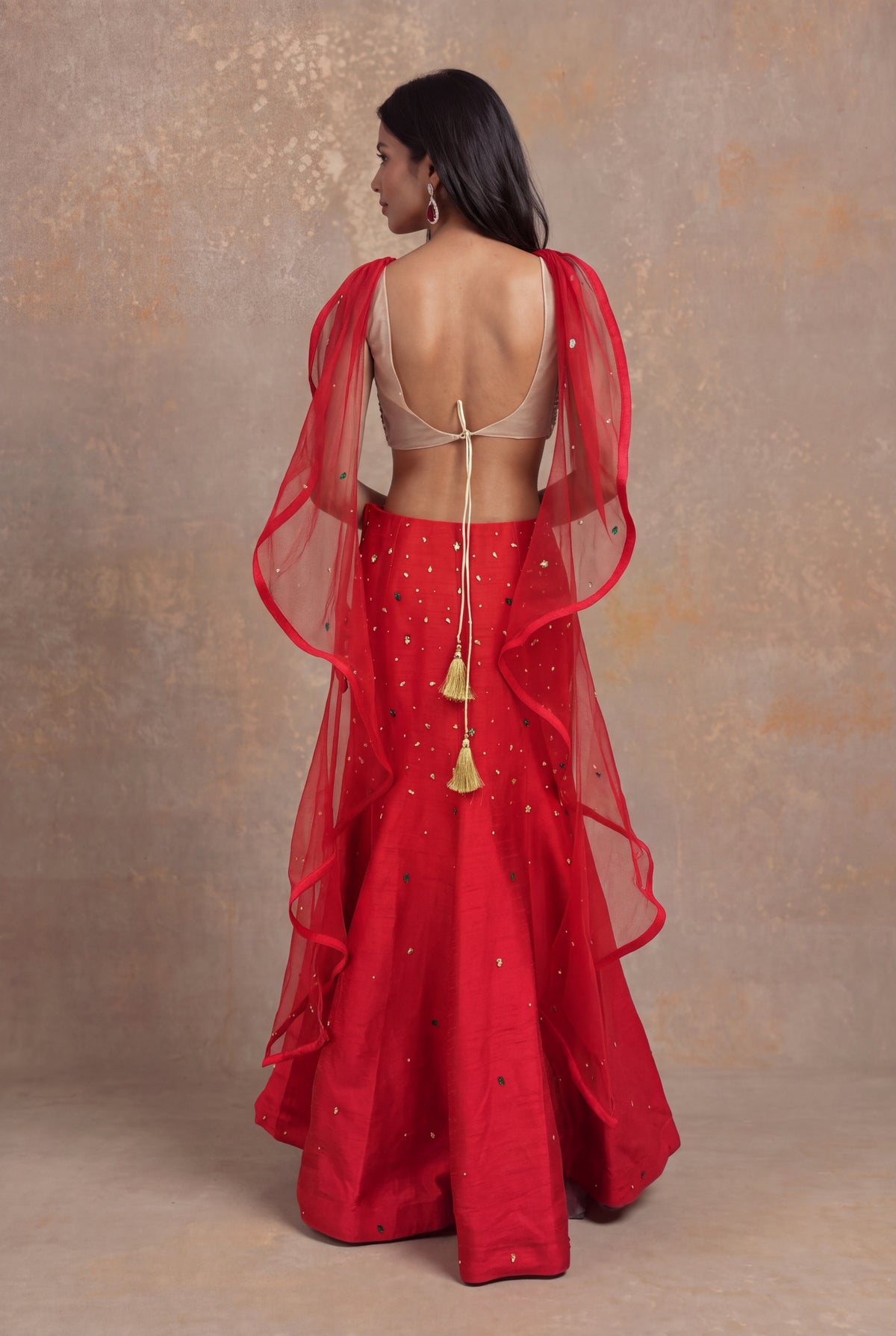 Red Raw Silk Indo-Western Crop Top & Skirt Set