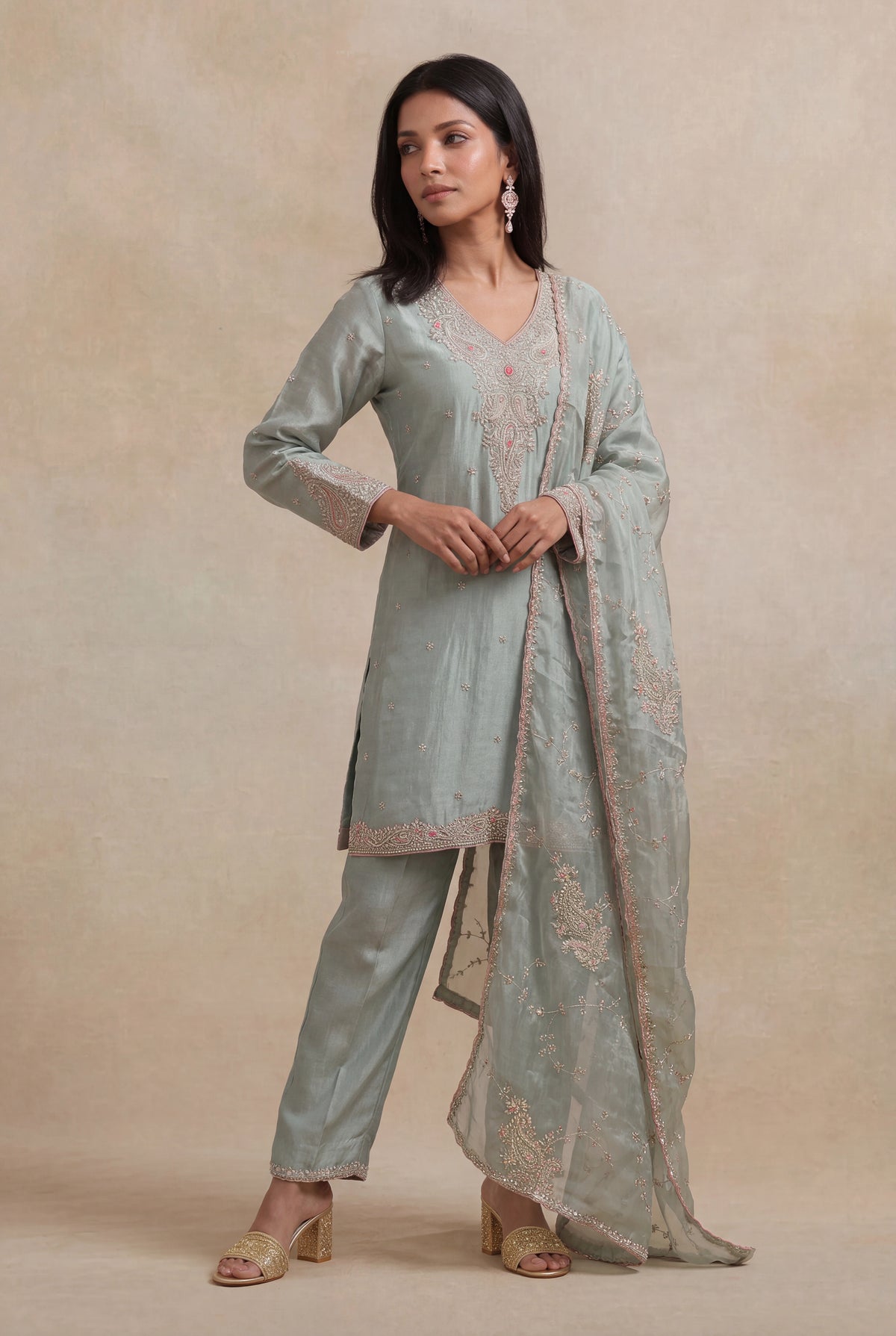 Sage Green Tissue Zardozi Straight Cut Salwar Suit