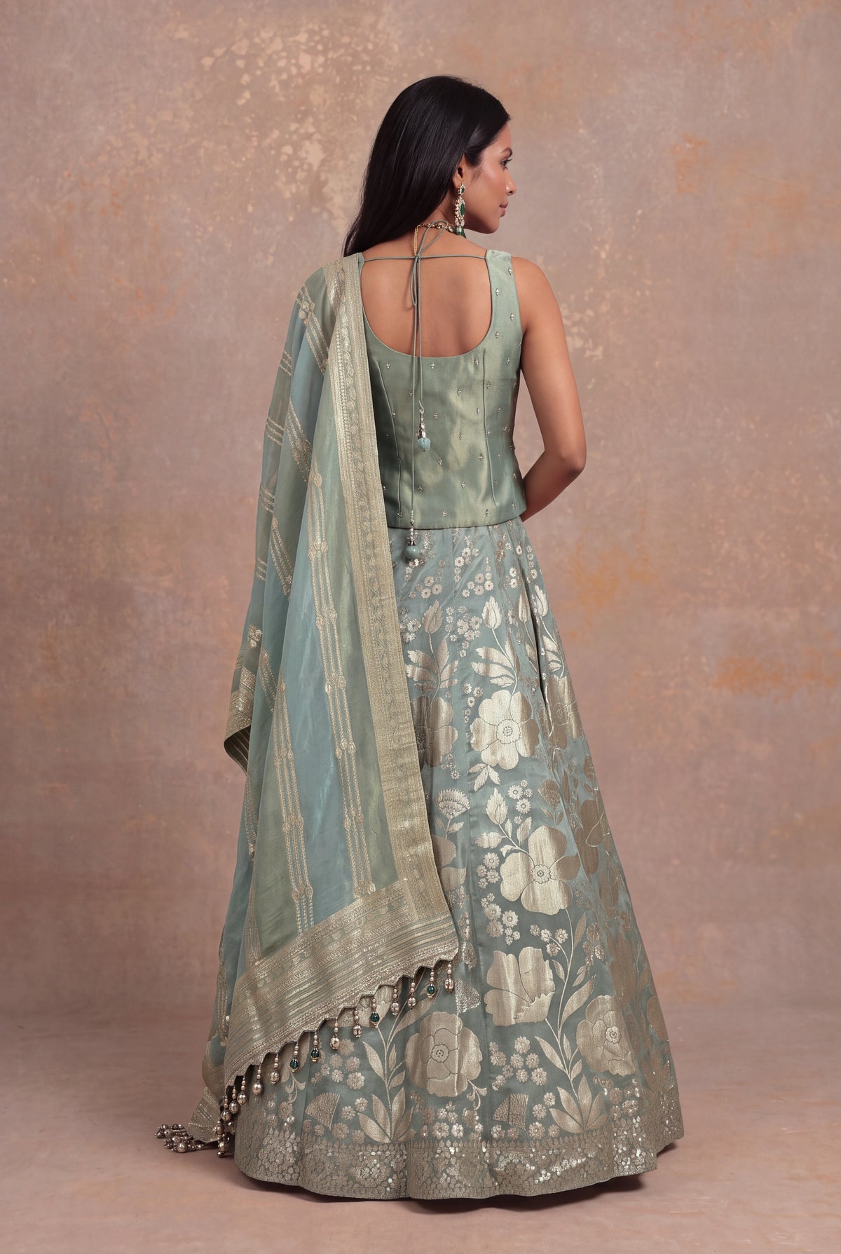 Sage Green Banarasi Tissue Silk Lehenga with Embellished Blouse
