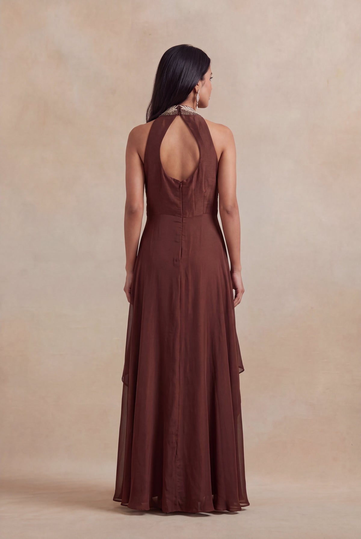 Brown Satin Silk Sequin Embroidered Western Gown - Mokshaa