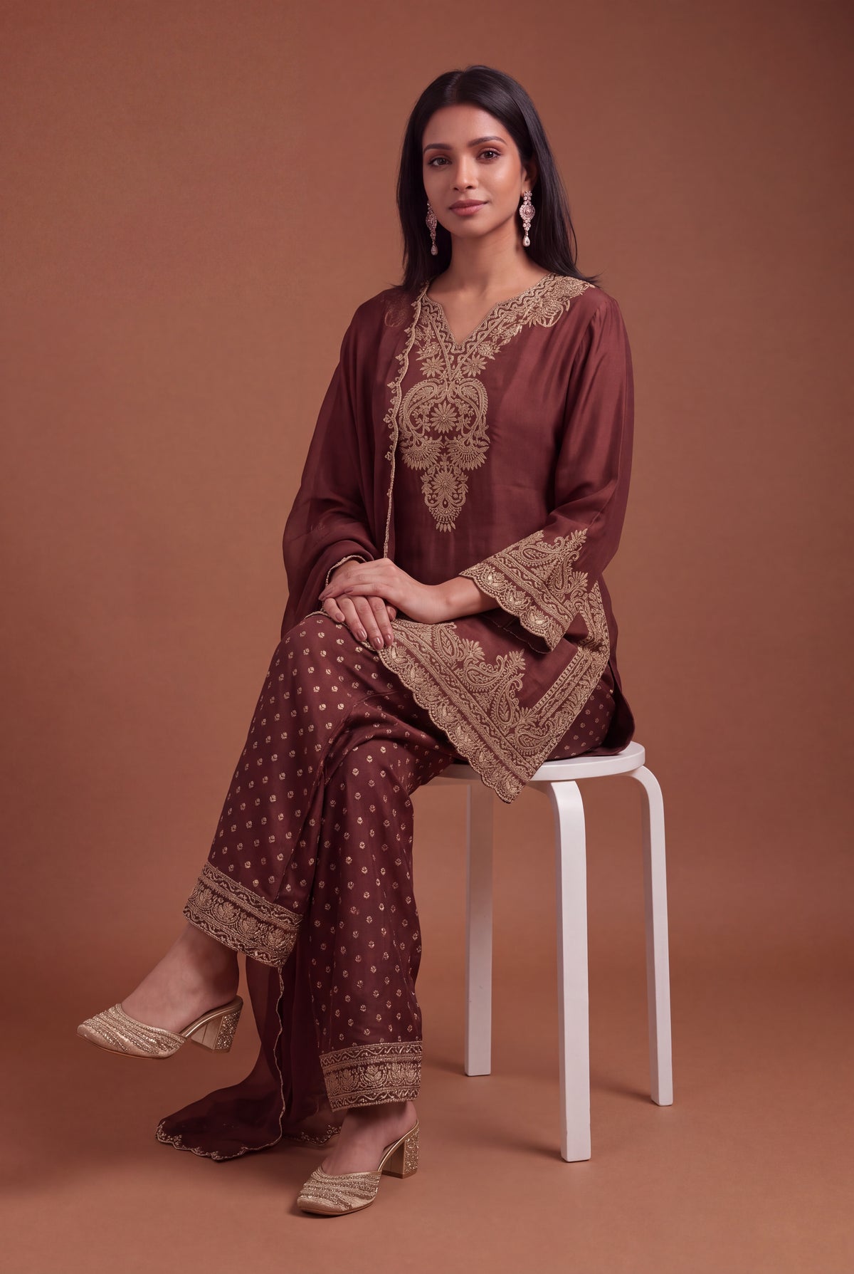 Brown Raw Silk Zardosi Indo-Western Set