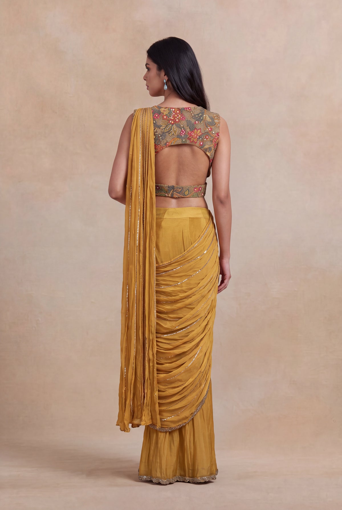 Mustard Yellow Draped Saree with Metallic Embroidered Blouse
