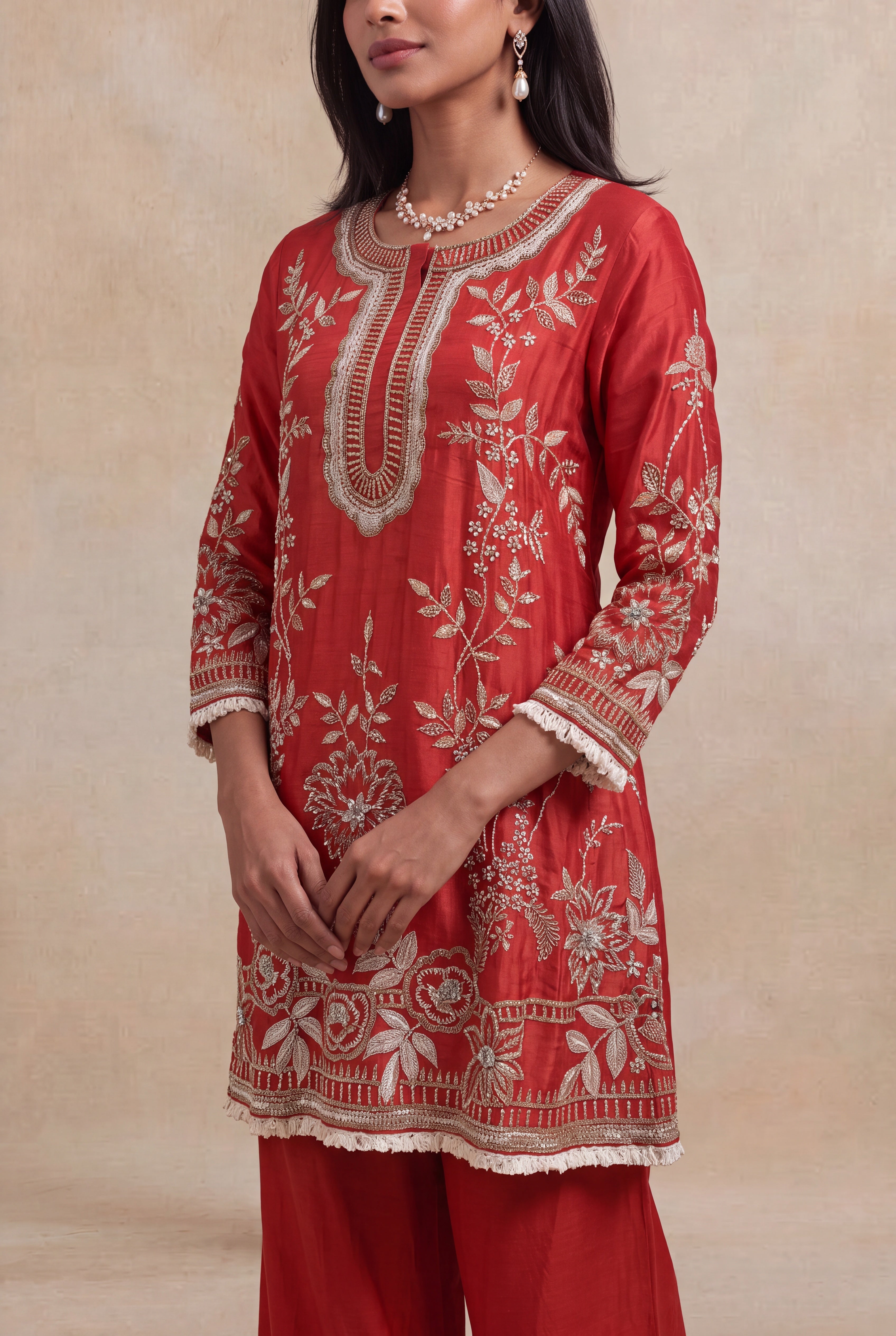 Rust Red Raw Silk Indo-Western Co-Ord Set