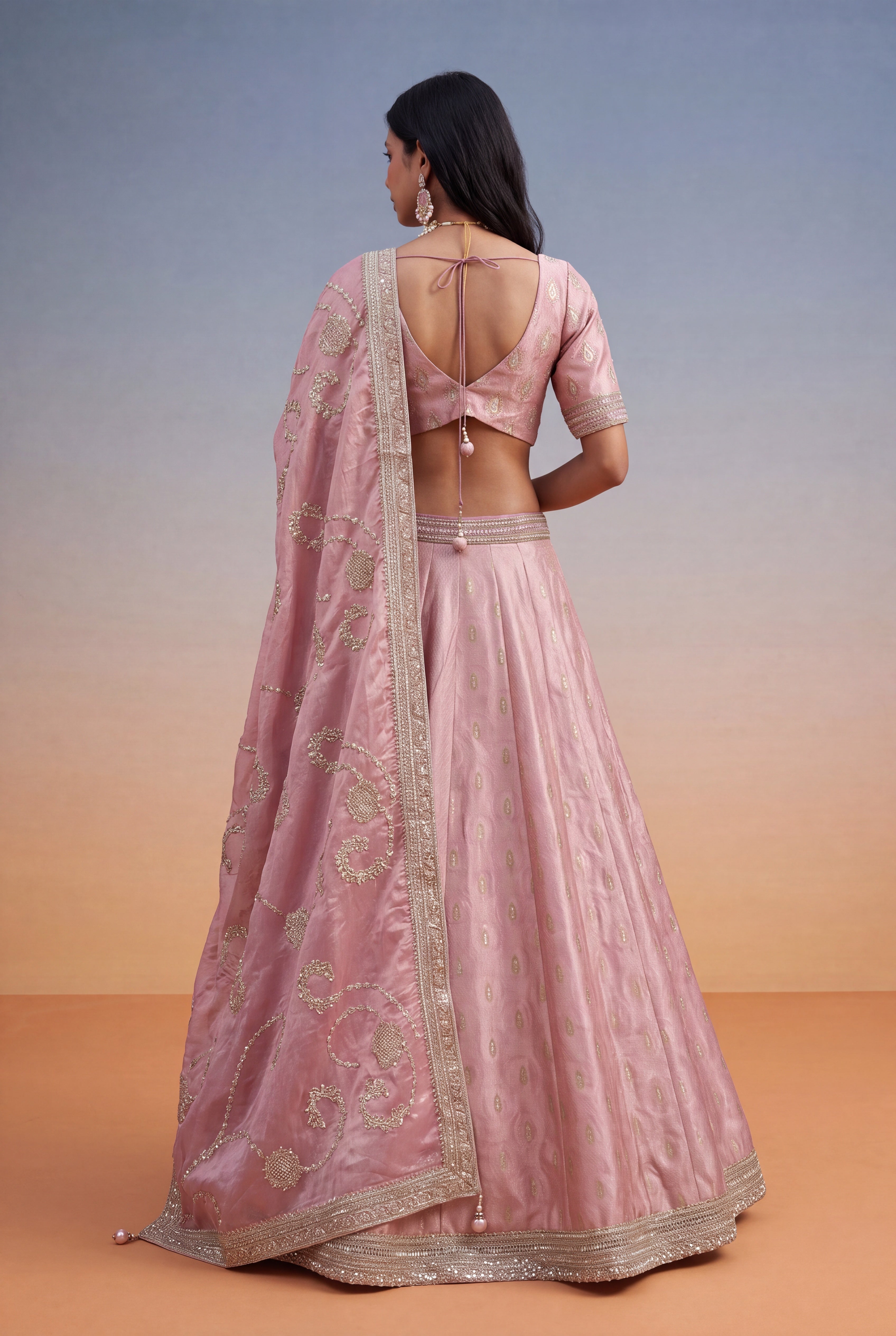 Dusty Pink Banarasi Silk Lehenga with Kutdana & Pearl Embroidery