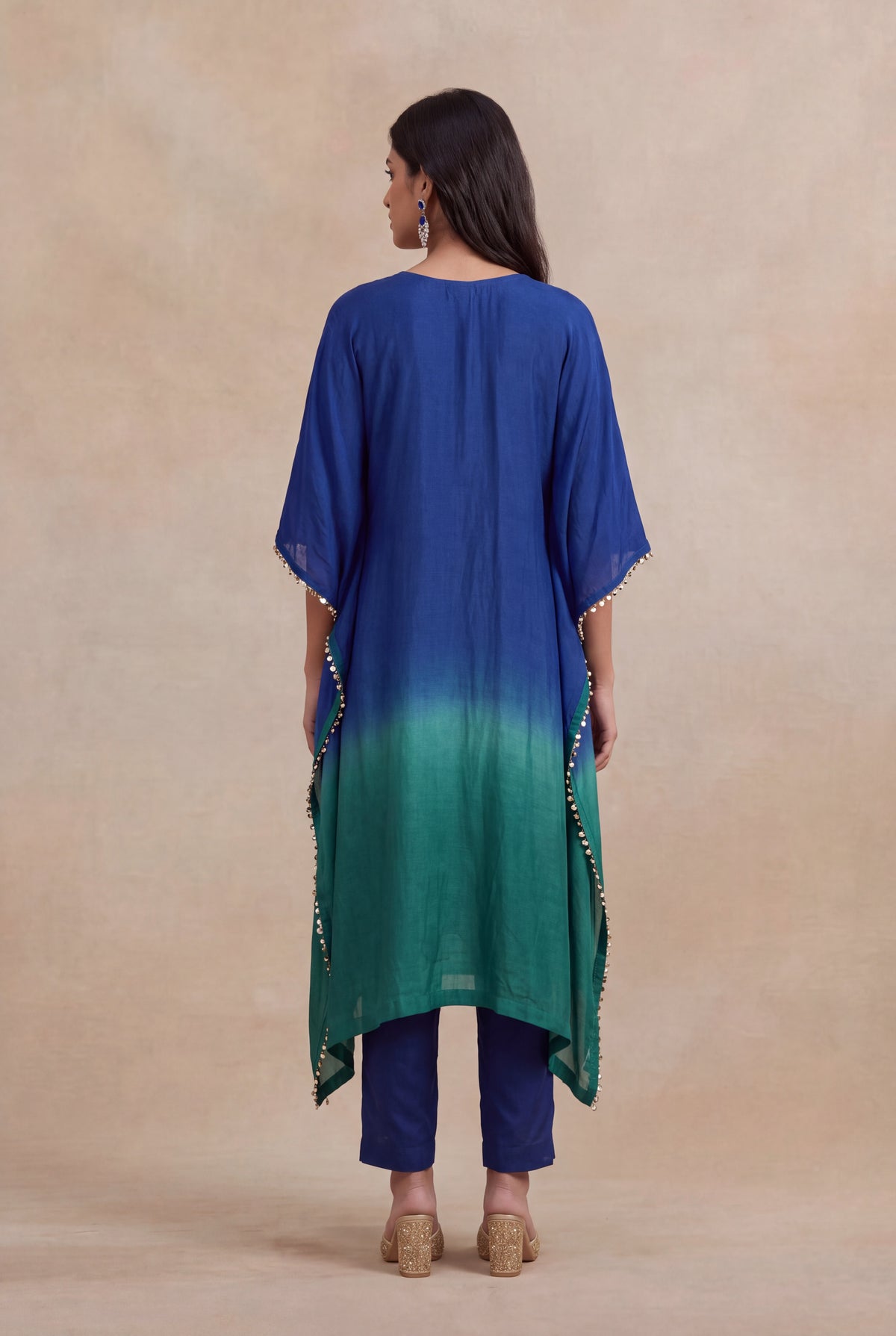 Blue & Emerald Raw Silk Embellished Kaftan Set