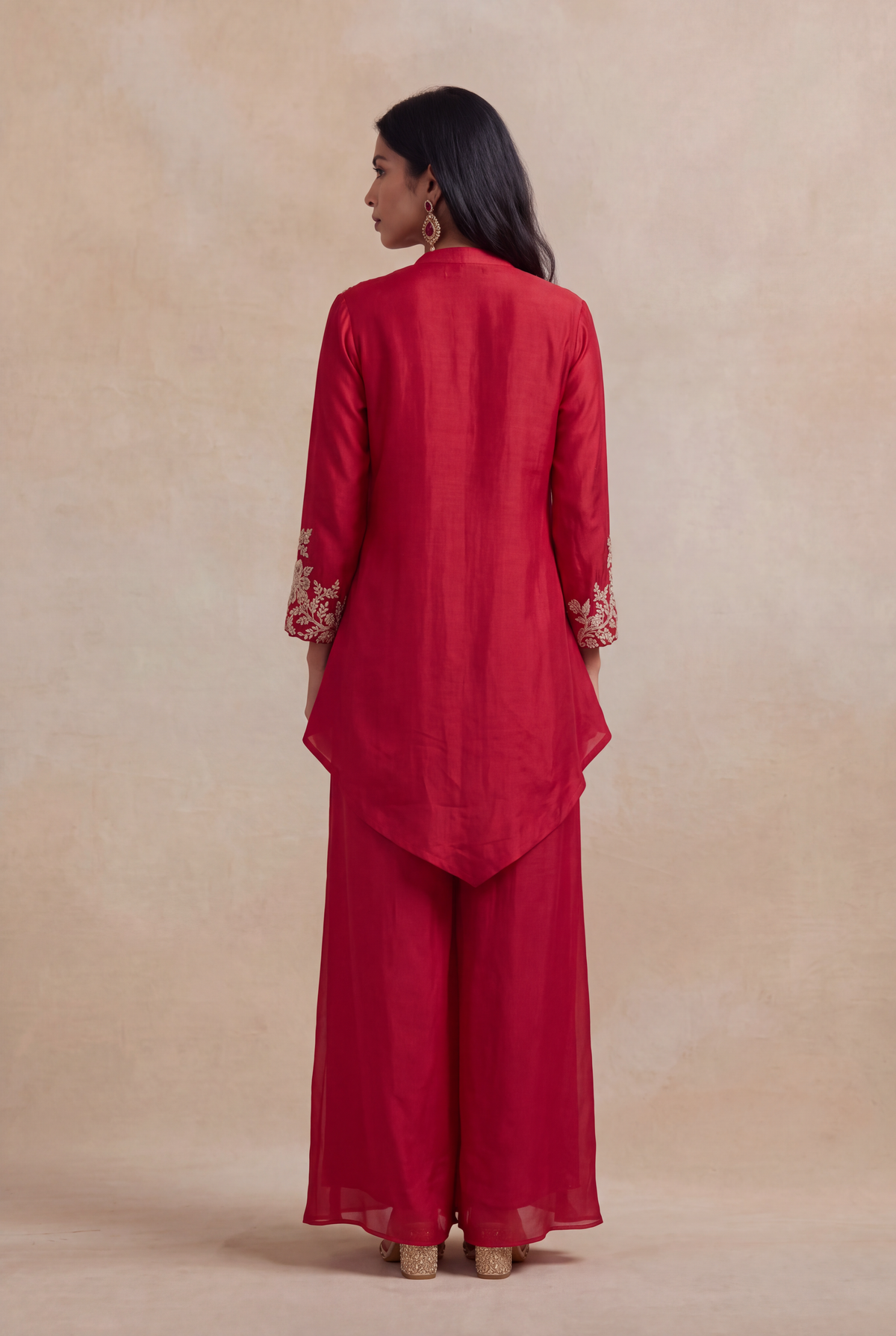 Red Raw Silk Zardosi Indo-Western Palazzo Set