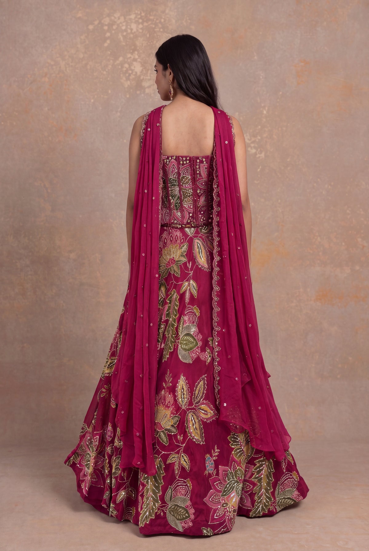 Rani Pink Organza Floral Embroidered Corset Lehenga