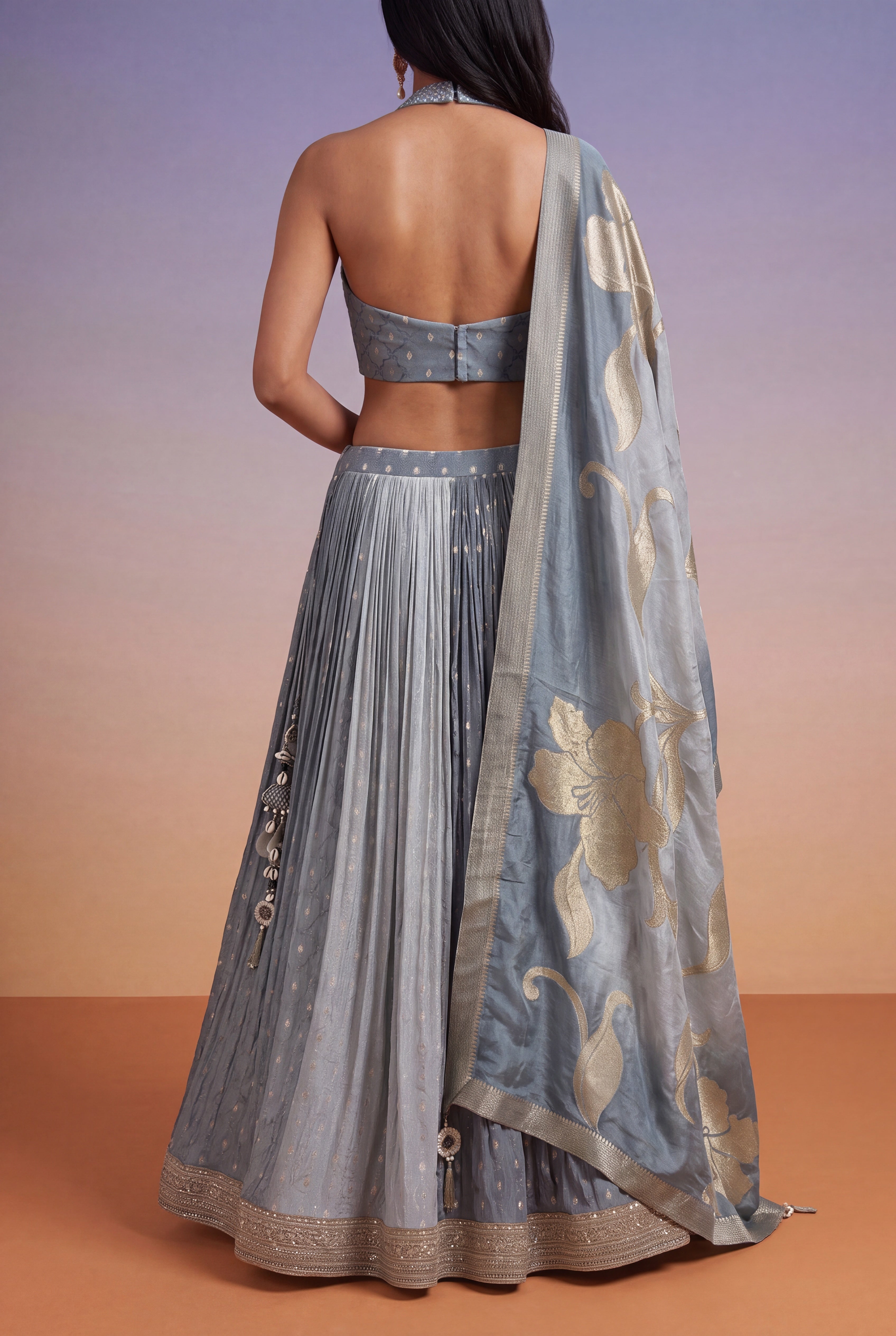 Dusty Blue Lehenga with Mirror Work Blouse