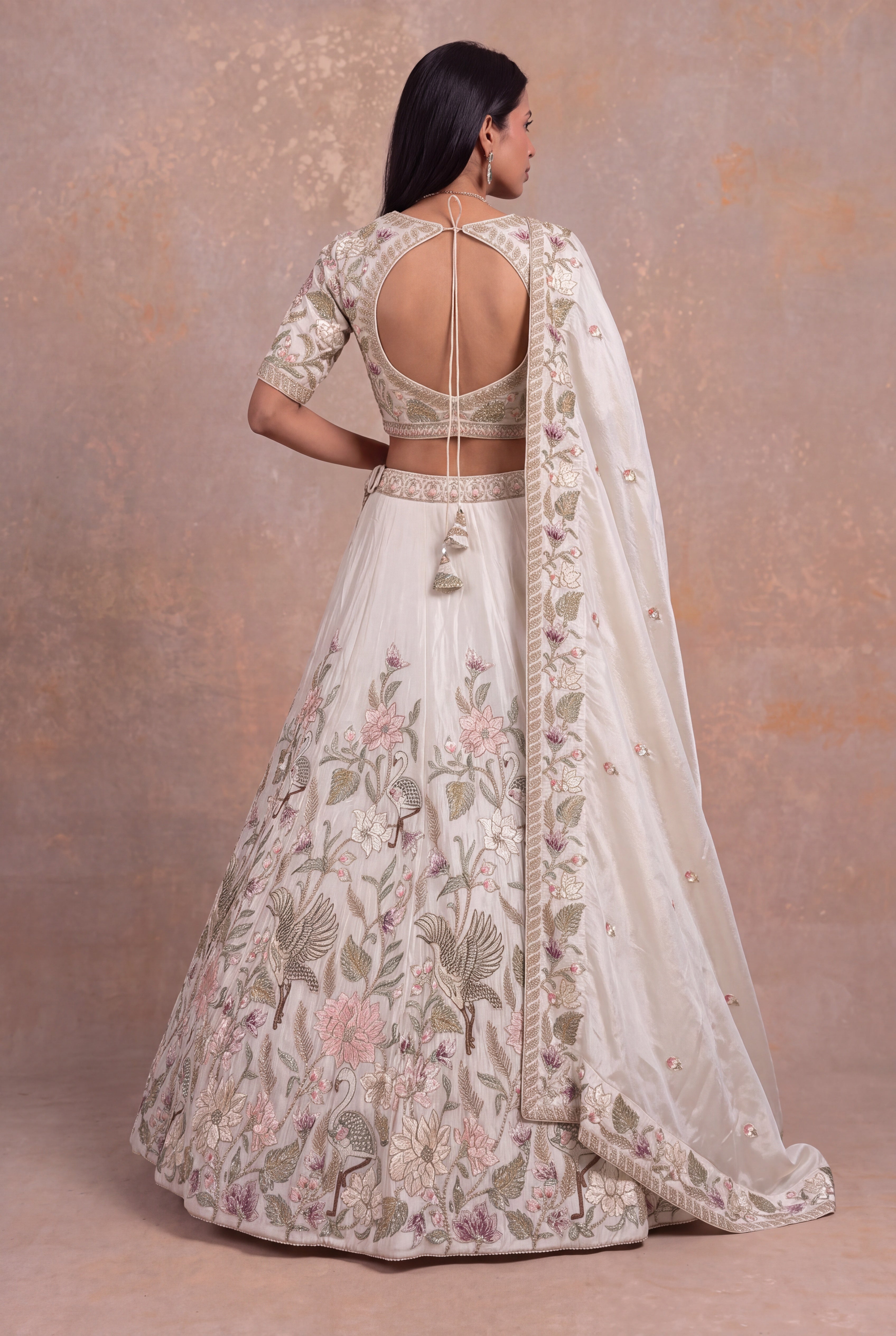 Grey Tissue Lehenga with Bird & Floral Thread Embroidery