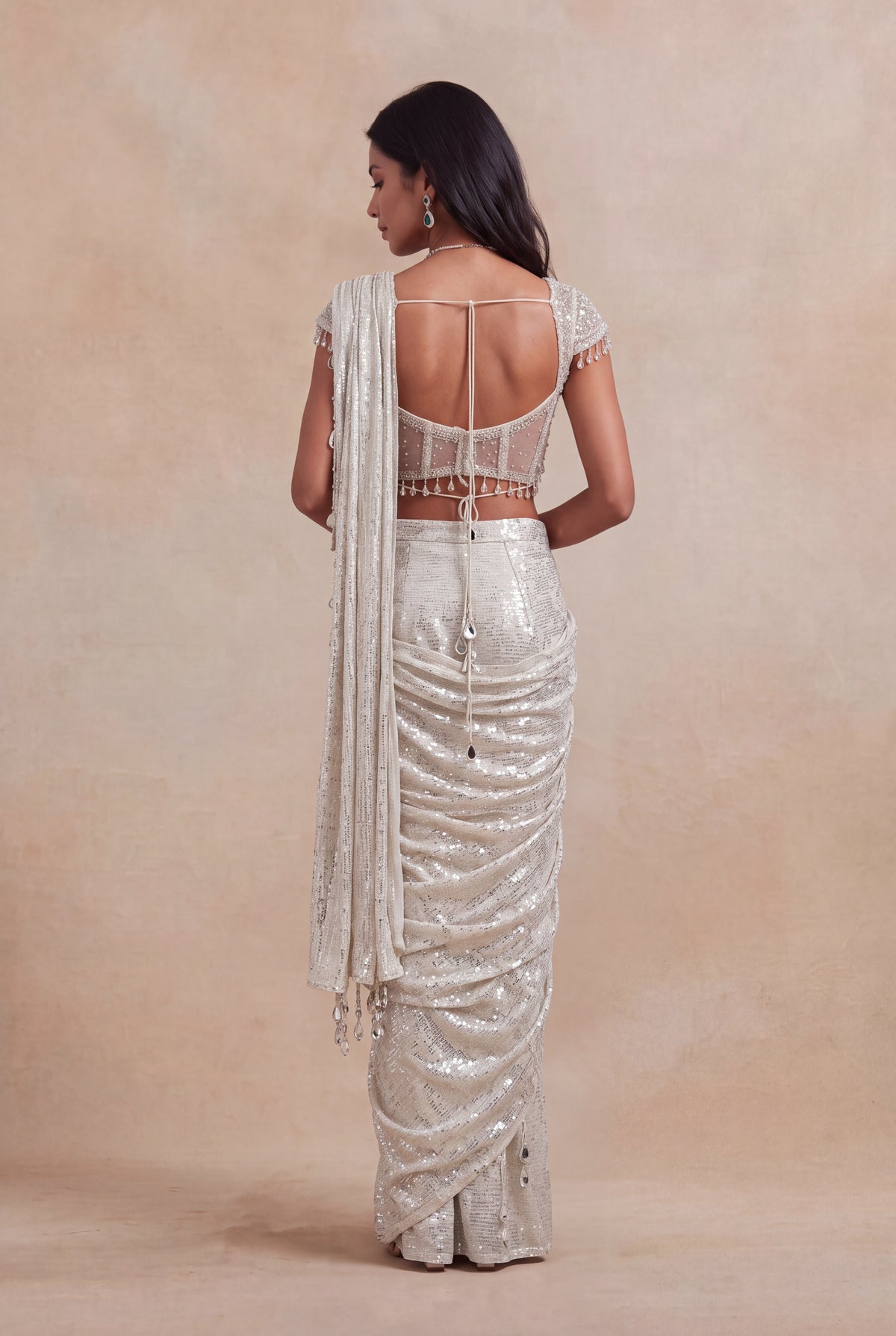 Ivory Net Drape Saree with Embellished Corset Blouse