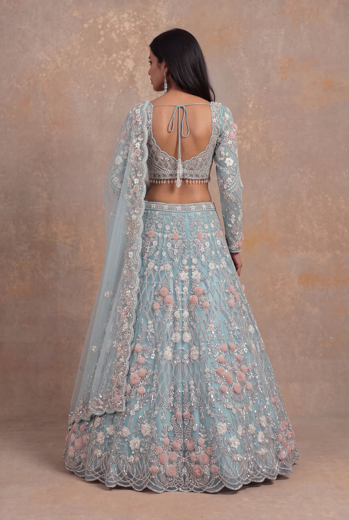 Sea Blue Net Lehenga Set with Sequin and Floral Applique Work