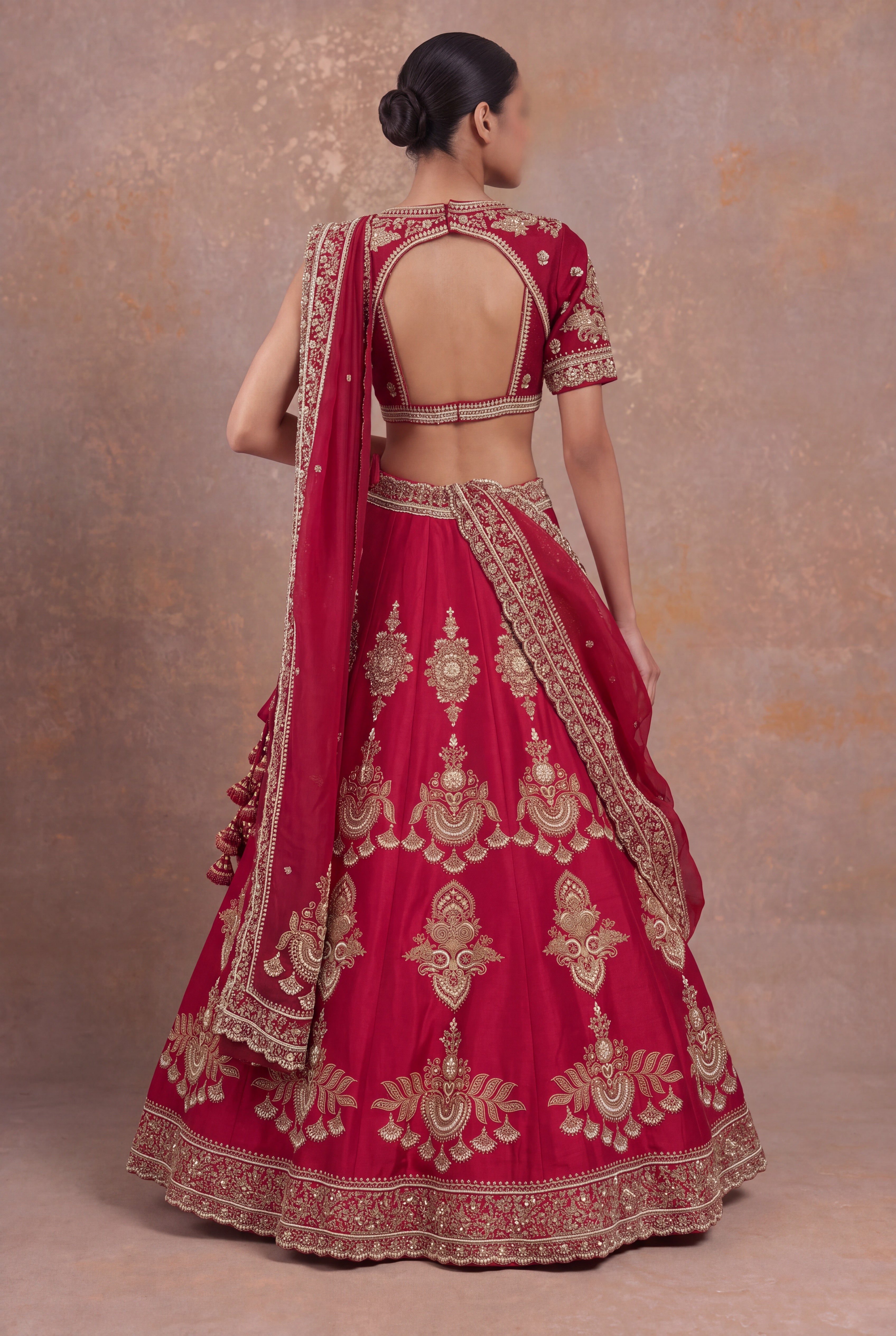 Red Raw Silk Bridal Lehenga with Antique Gold Zardozi Embroidery