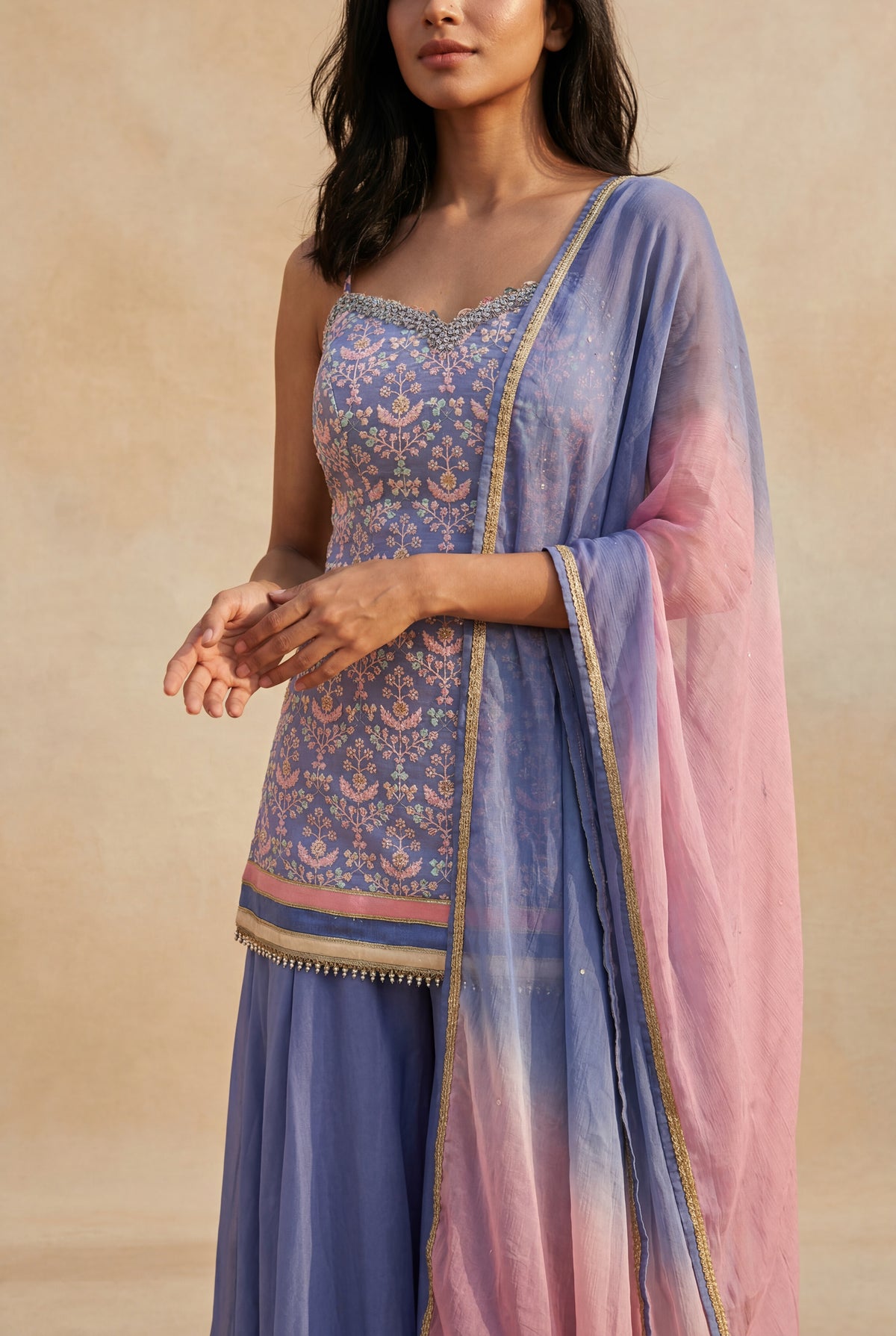 Periwinkle Blue Silk Mirror Work Indo Western Set