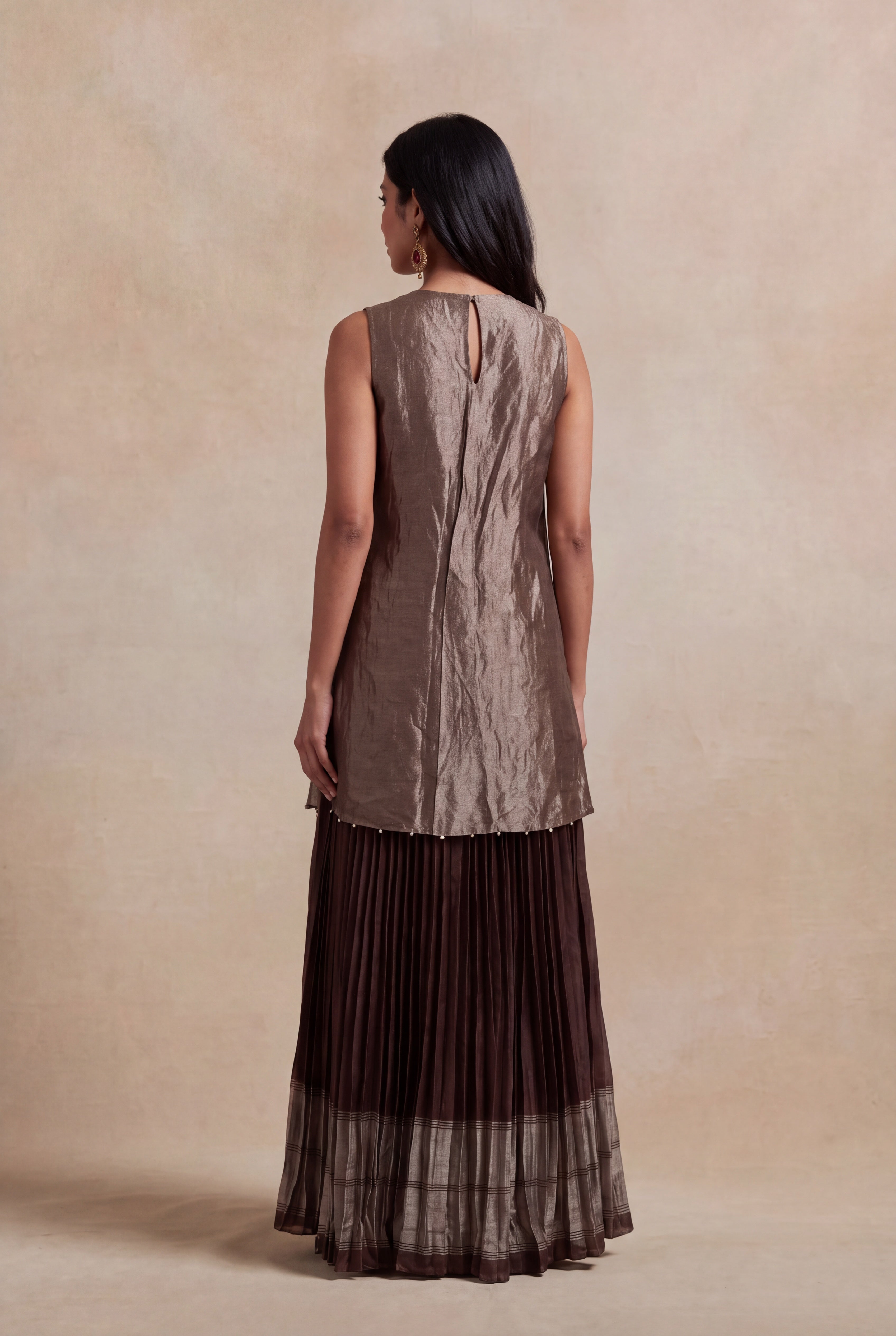 Bronze Crushed Tissue Top with Woven Silk Pleated Skirt