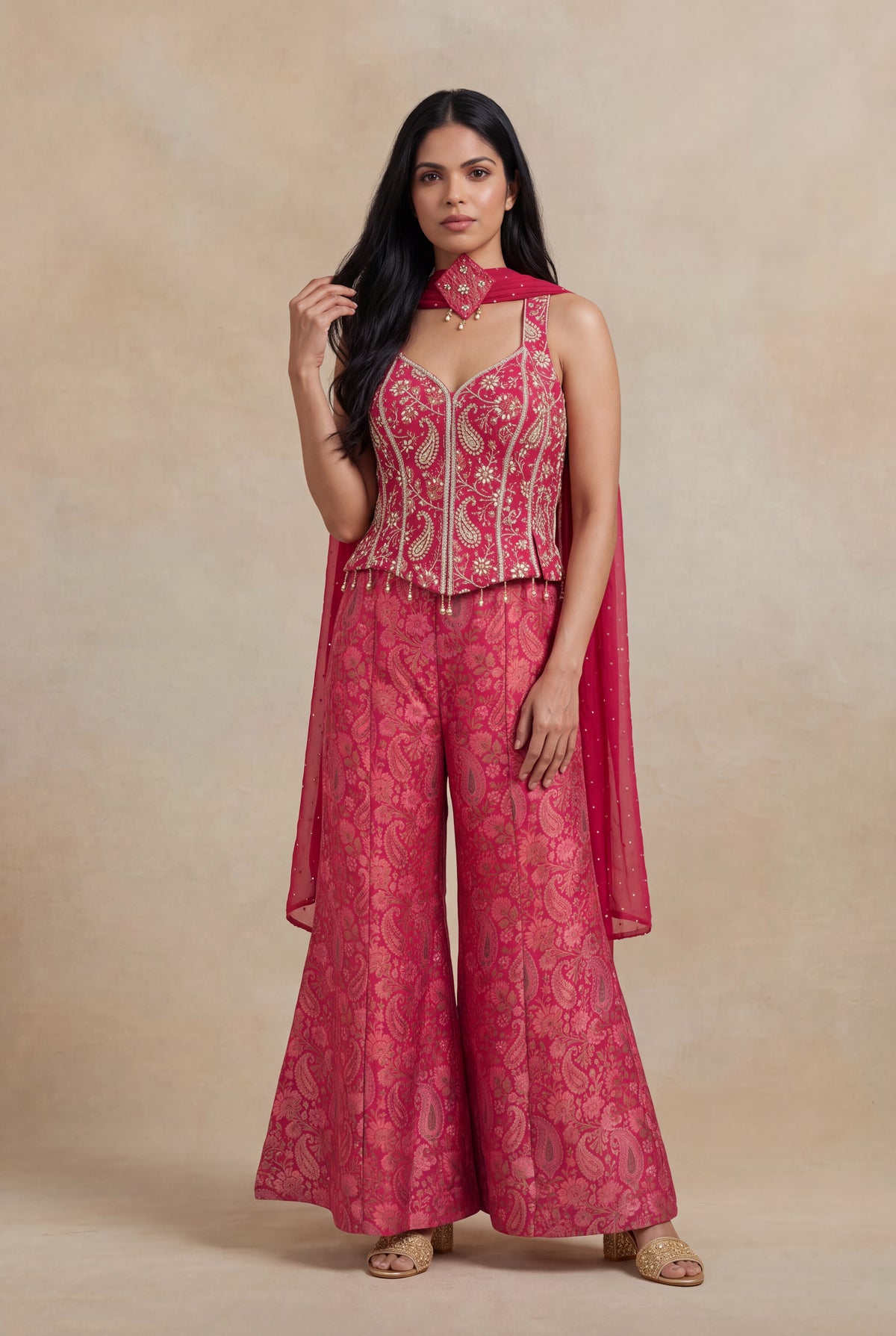 Pink Banarasi Indo-Western Palazzo Set with Embellished Corset