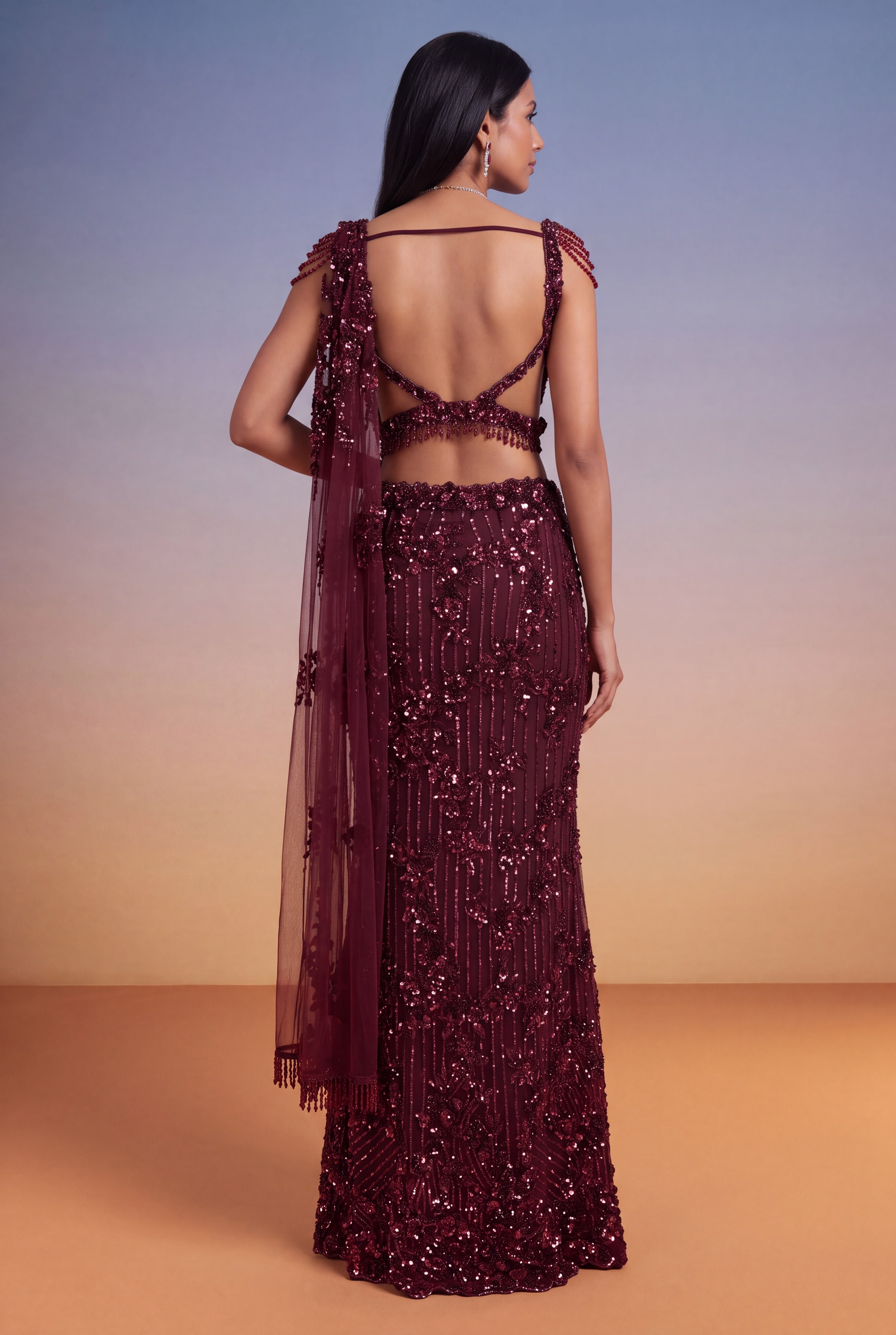 Wine Net Fish-Cut Indo-Western Drape Saree